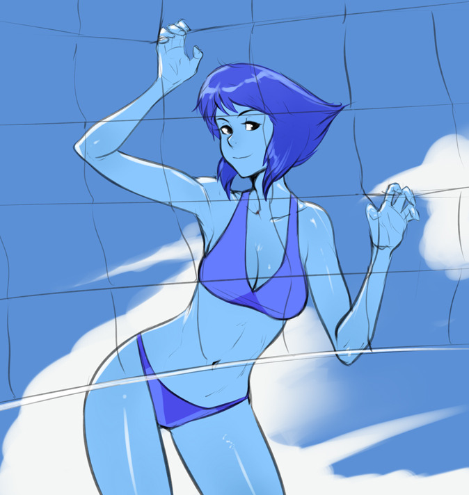 izra, lapis lazuli (steven universe), steven universe, bikini, black eyes, blue hair, blue skin, female, midriff, solo, swimsuit, 