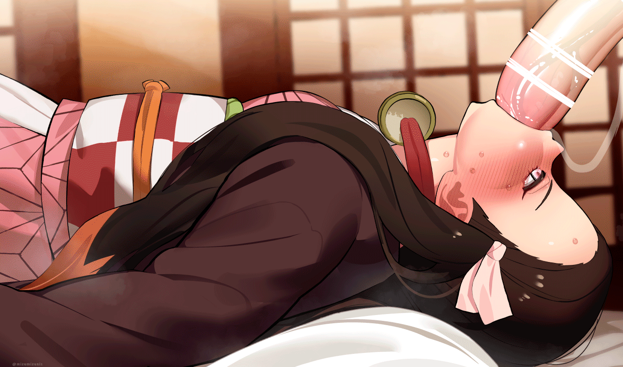 animated blush deepthroat demon_slayer fellatio heavy_blush huge_cock kamado_nezuko lying_on_bed monster_cock nezuko_kamado throat_fuck x-ray