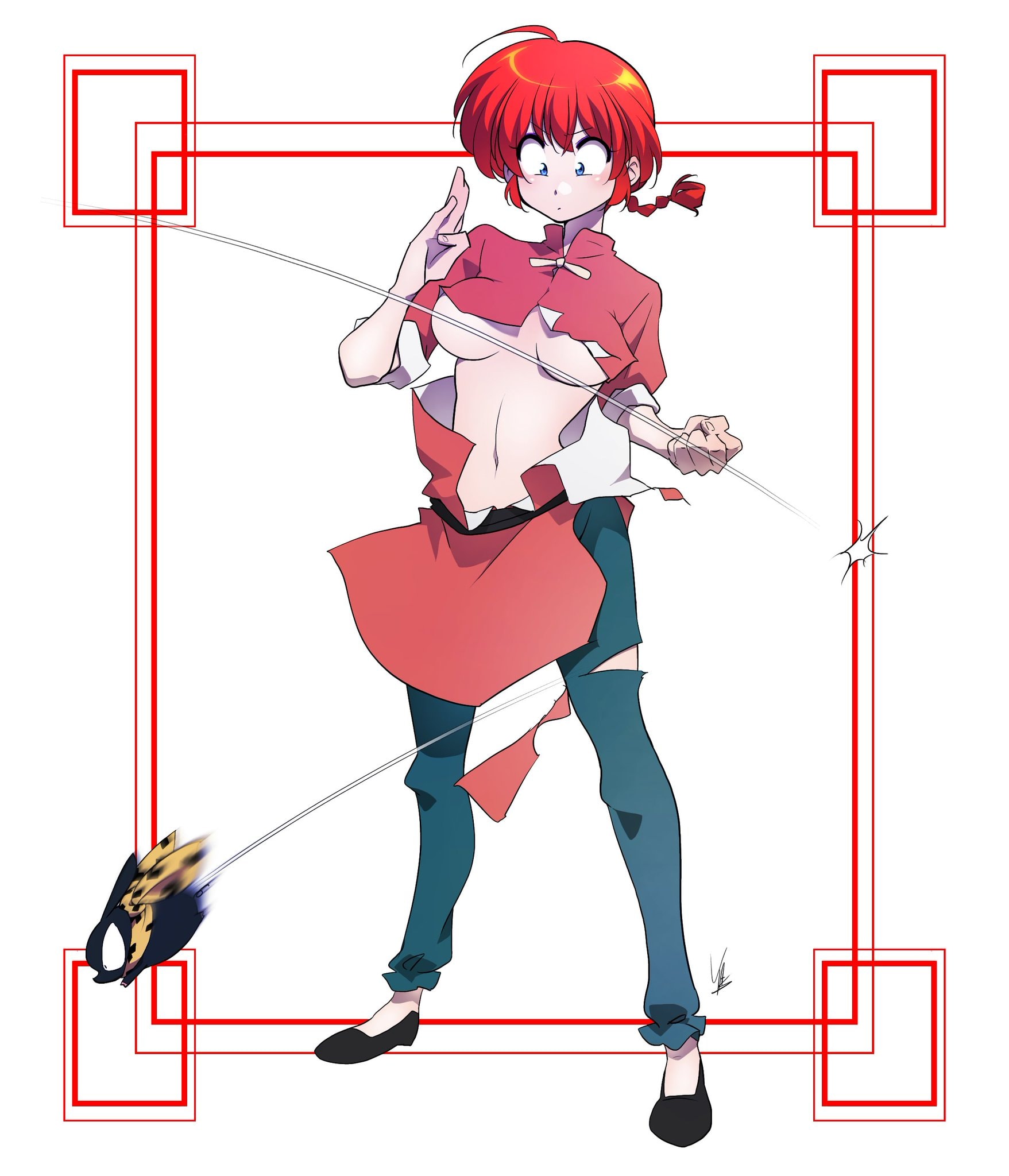 ranma 1/2, blue eyes, canine, pants, red hair, tearing clothes, 