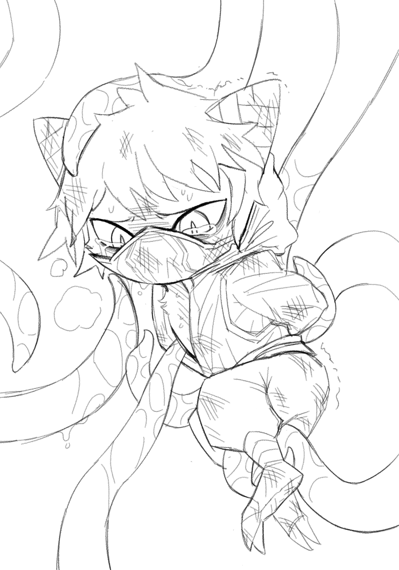 artist request, kennen, yordle, league of legends, 1boy, clothed, crying, crying with eyes open, fur, furry, furry only, male, male only, mask, masked, masked male, solo, solo focus, solo male, tentacle, 