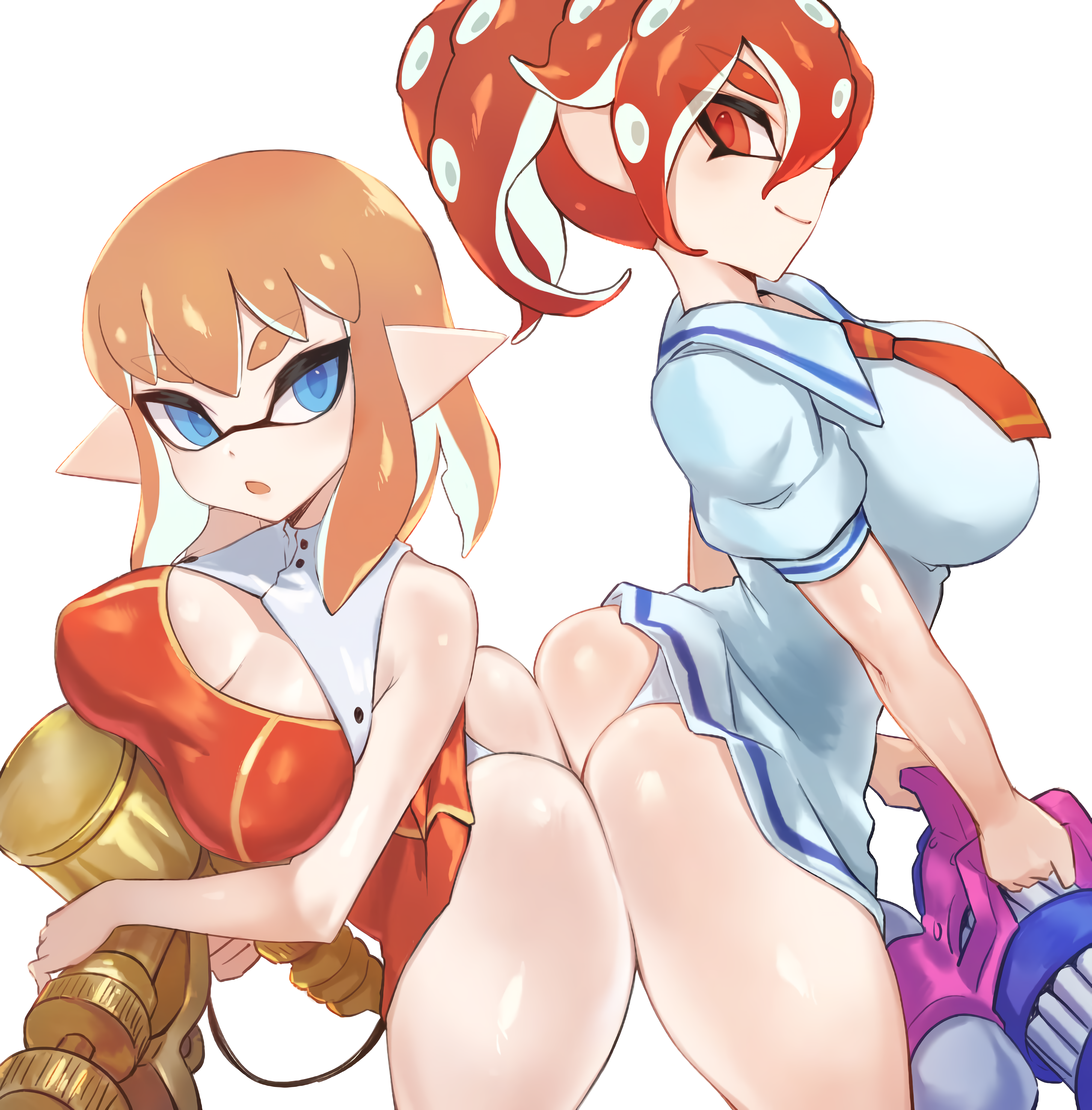 jtveemo, inkling, inkling girl, octoling, octoling girl, nintendo, splatoon, splatoon (series), splatoon 2, simple background, white background, 2girls, aerospray, aerospray rg, ass, ass cleavage, ass to ass, blue eyes, breasts, cleavage, light-skinned female, light skin, medium breasts, mini splatling, necktie, orange hair, panties, red eyes, red hair, shirt, thighs, tie, white panties, 