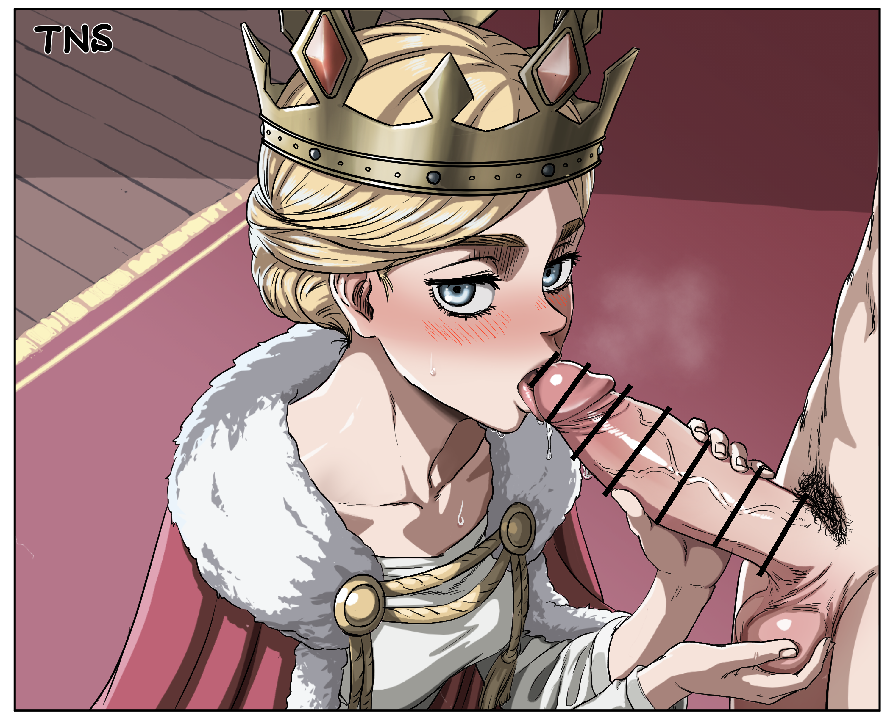 tns, historia reiss, attack on titan, shingeki no kyojin, 1woman, blonde hair, blowjob, blue eyes, crown, penis, penis out, 