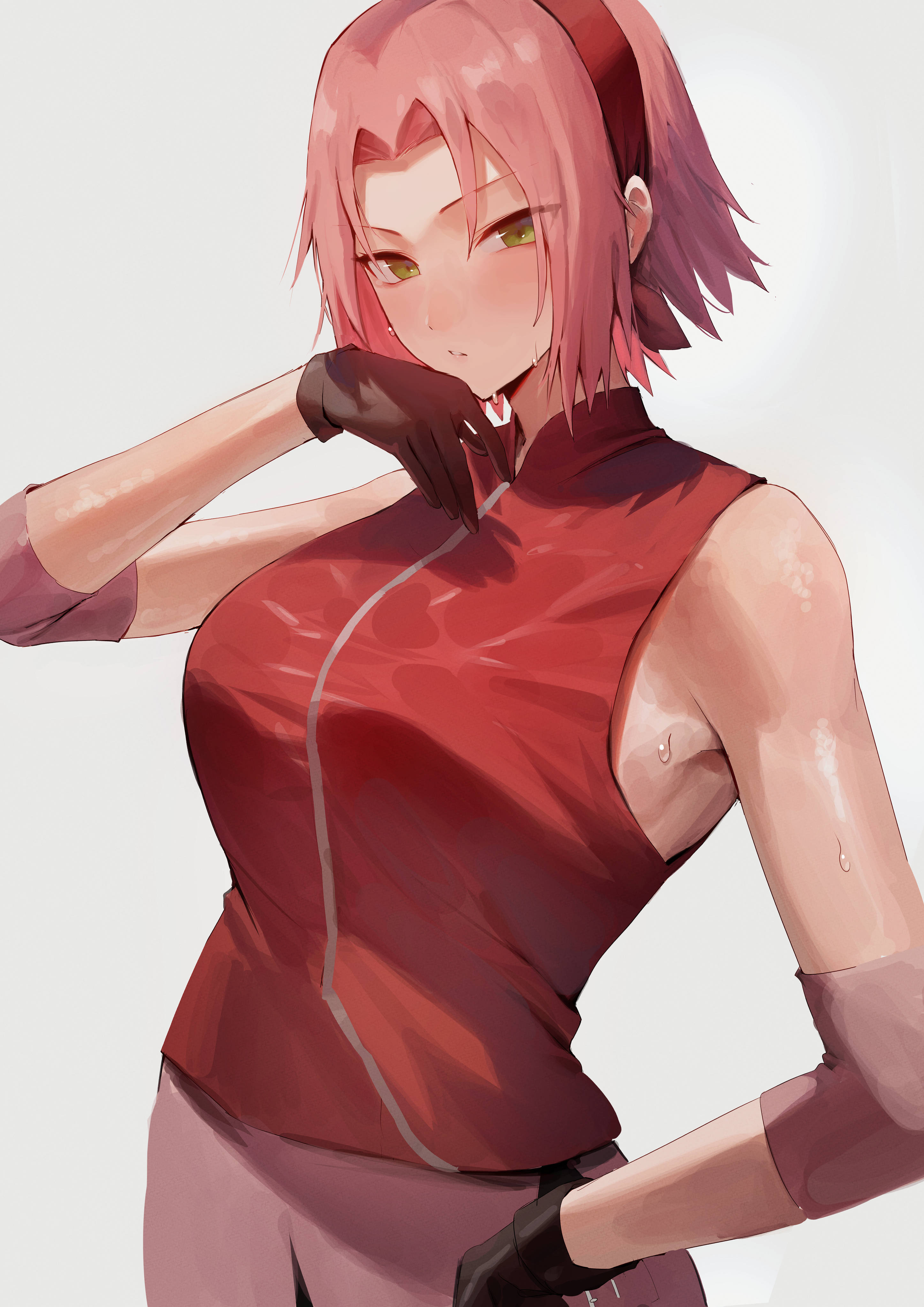 rororo, sakura haruno, naruto, naruto (series), naruto shippuden, absurdres, highres, blush, breasts, female, female only, gloves, green eyes, headband, looking at viewer, short hair, sleeveless, sweat, 