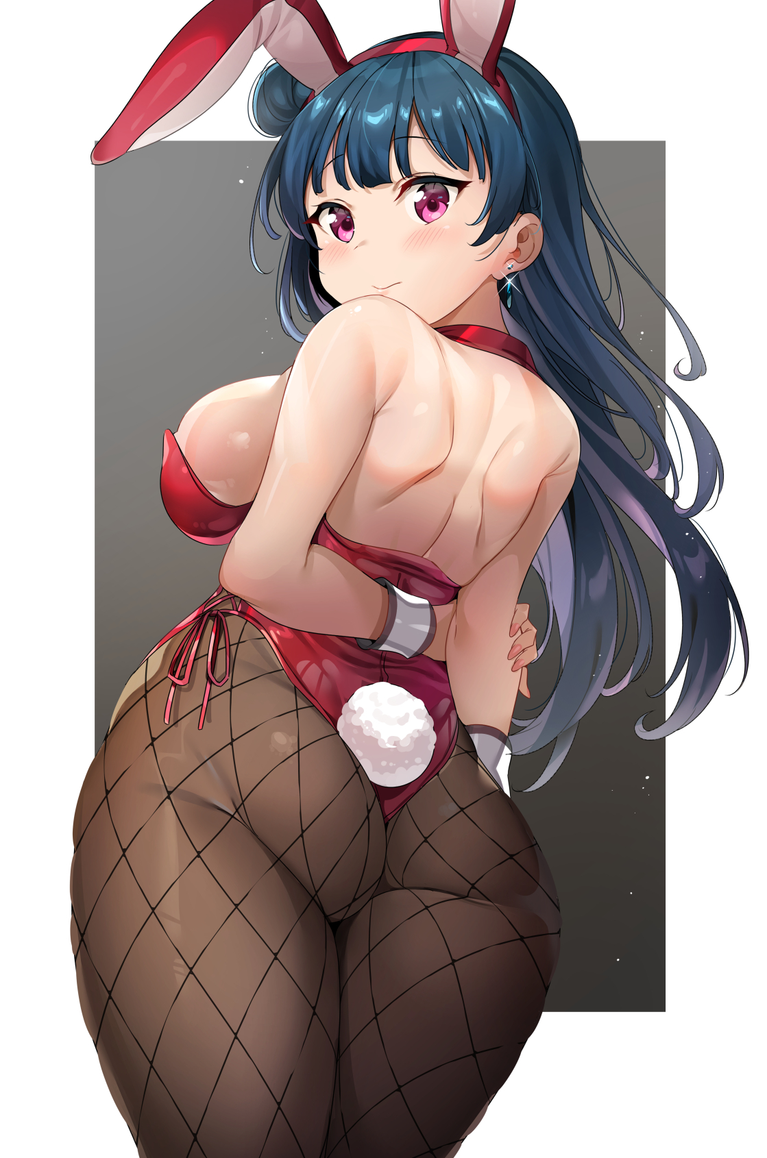 tem10, tsushima yoshiko, love live!, tagme, 1girls, blue hair, bunny ears, bunnysuit, collar, fishnets, hair bun, handcuffs, large ass, large breasts, long hair, pink eyes, sideboob, wide hips, 