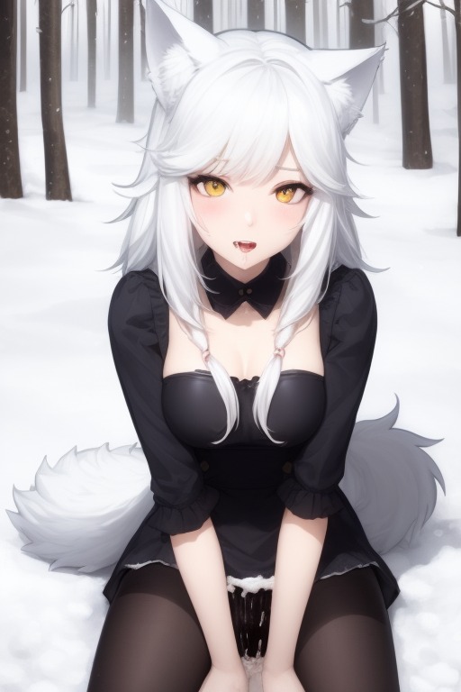 1girls, ai generated, medium breasts, snow, sole female, white hair, wolf ears, wolf girl, 