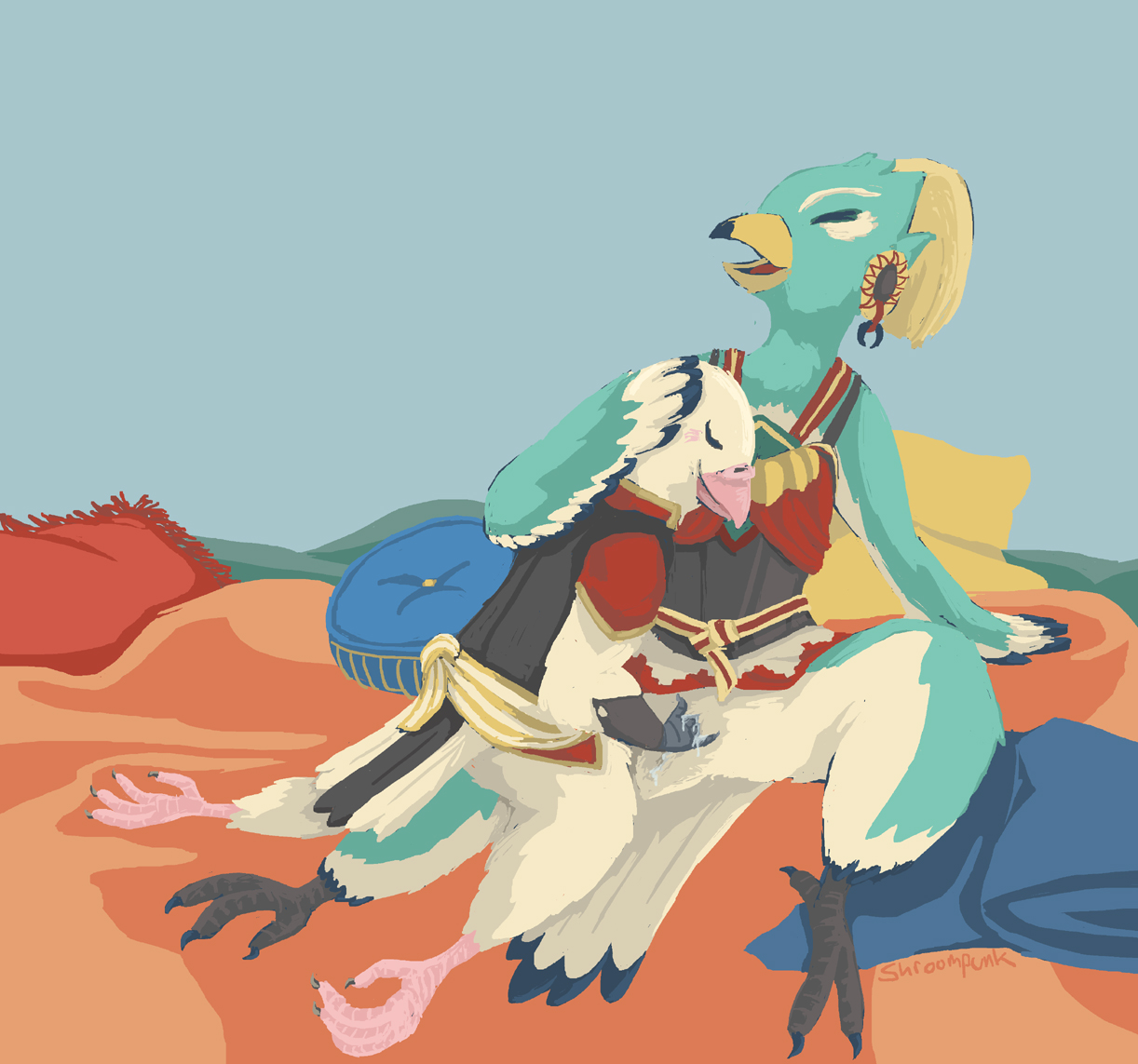 amali (zelda), breath of the wild, nintendo, the legend of zelda, 2019, ambiguous gender, anatomically correct, animal genitalia, anthro, avian, beak, bird, blonde hair, blush, cere (feature), claws, cloaca, cloaca juice, cloacal fingering, clothed, clothing, columbid, daun, dove, duo, feathers, female, fingering, hair, lying, open mouth, partially clothed, pigeon, pillow, rito, shroompunk, smile, spread legs, spreading, video games, white feathers, wings, 