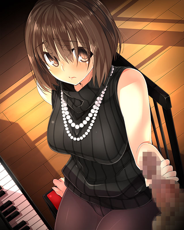 artist request, censored, bob cut, bottomless, brown hair, clothing, handjob, pantyhose, piano, short hair, sitting, sleeveless, sweater, turtleneck sweater, 