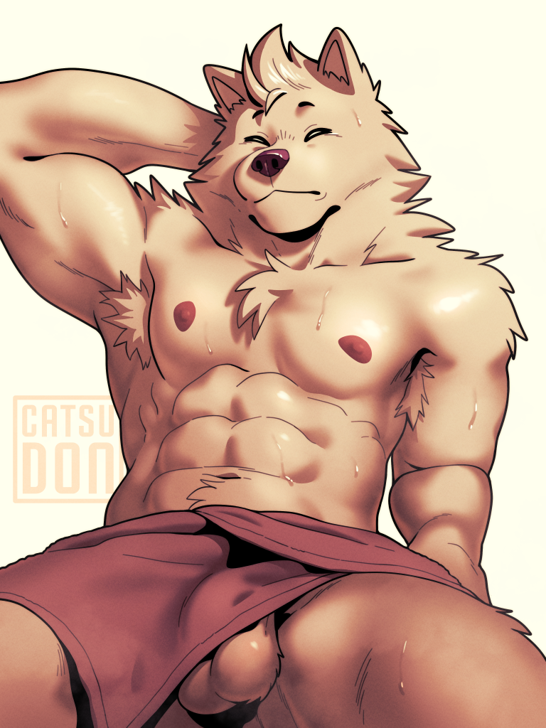 catsudon, simple background, white background, 2022, abs, anthro, armpit hair, biped, bodily fluids, body hair, canid, canine, canis, closed eyes, domestic dog, fur, furry, genitals, hand behind head, male, mammal, muscular, muscular anthro, muscular male, nipples, pecs, solo, sweat, testicles, towel, white fur, 