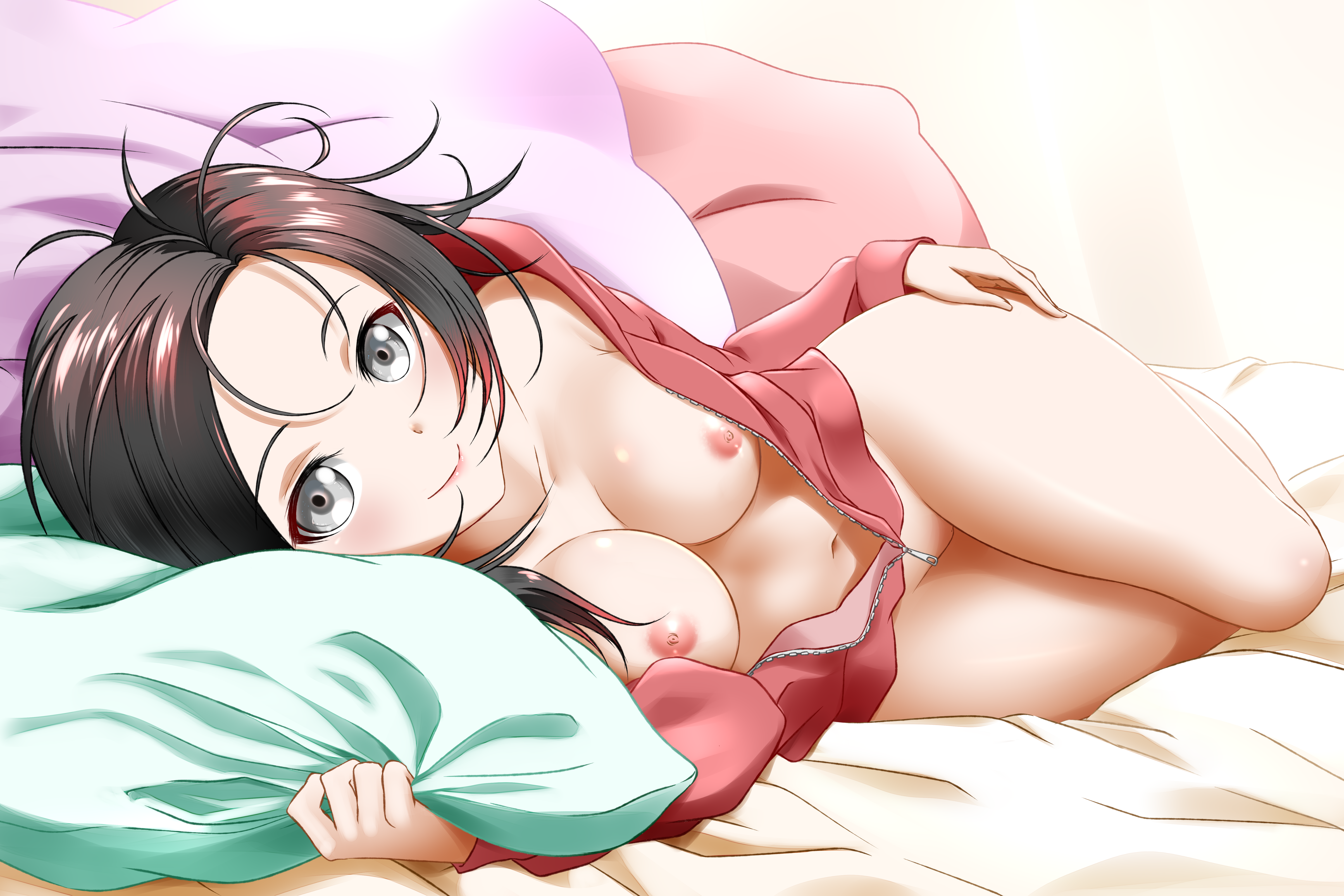 kimmy77, ruby rose, rwby, absurd res, 1girls, bed, breasts, hoodie, looking at viewer, lying, lying on bed, messy hair, nipples, nude, nude female, smile, smiling, smiling at viewer, solo female, 