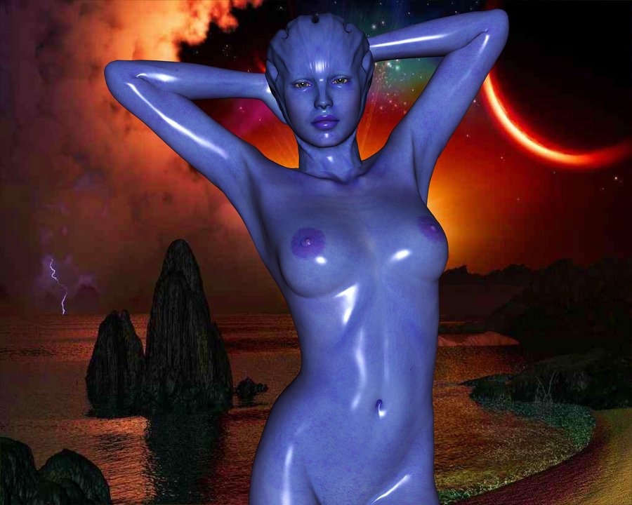 mememo, asari, mass effect, 3d, blue skin, female, nude.