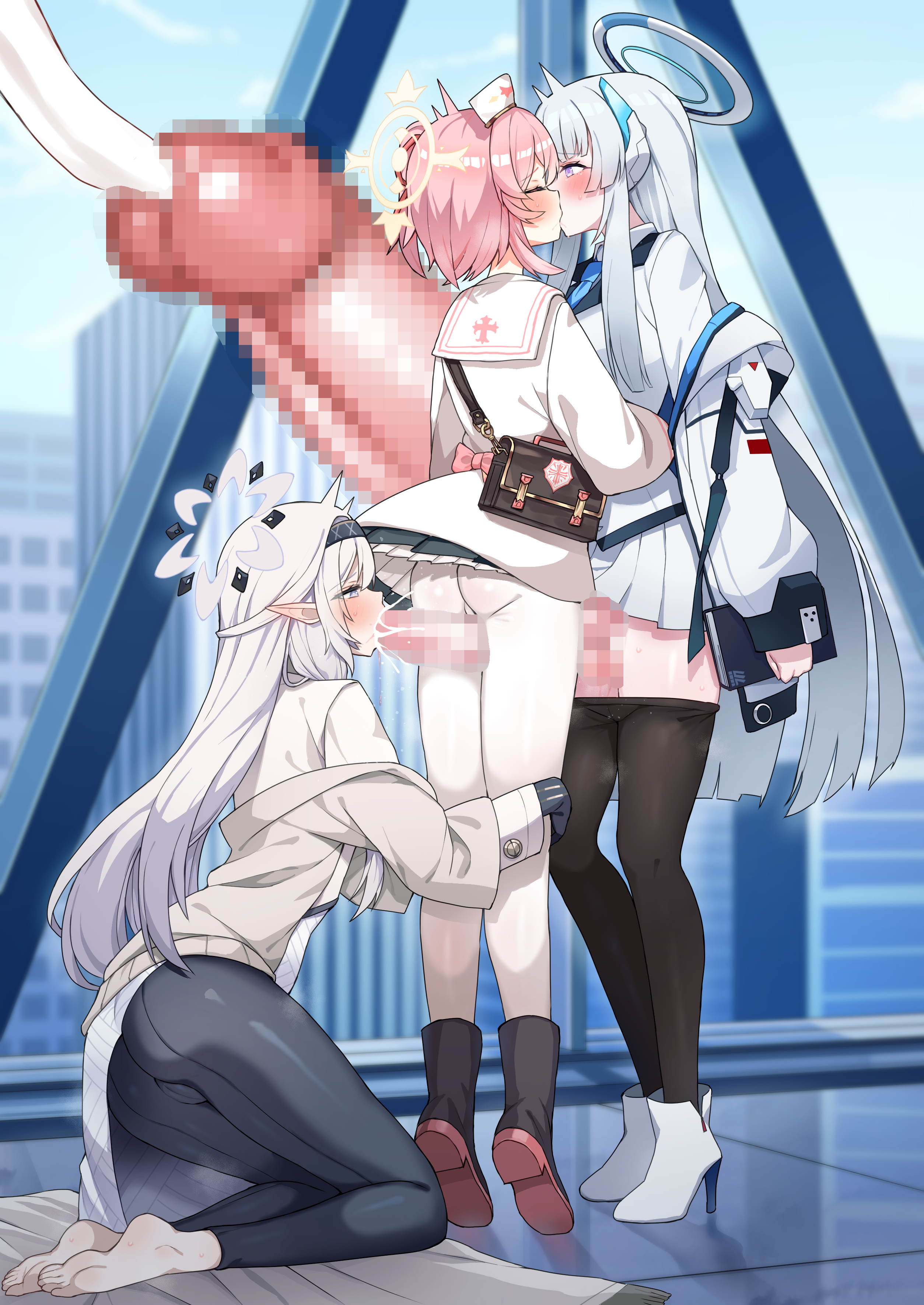 1futa 2girls absurdres barefoot black_hairband black_pantyhose blue_archive blue_sky breasts building censored closed_eyes clothed clothes_pull clothing cloud commentary_request commission cum cum_in_mouth day eichan_(eichanidfi) ejaculation fellatio female fff_threesome futa_on_female futa_with_female futanari grey_halo group_sex hairband halo hat headgear highres himari_(blue_archive) huge_cock human indoors intersex jacket kneeling light-skinned_female light-skinned_futa light_skin long_hair long_sleeves looking_at_another mechanical_halo mosaic_censoring mostly_clothed multiple_females multiple_girls multiple_views noa_(blue_archive) nurse_cap oral orgasm pantyhose pantyhose_pull penis pink_hair pointy_ears purple_eyes serina_(blue_archive) sex short_hair skeb_commission sky soles standing thigh_sex threesome toes white_hair white_halo white_jacket white_pantyhose yellow_halo