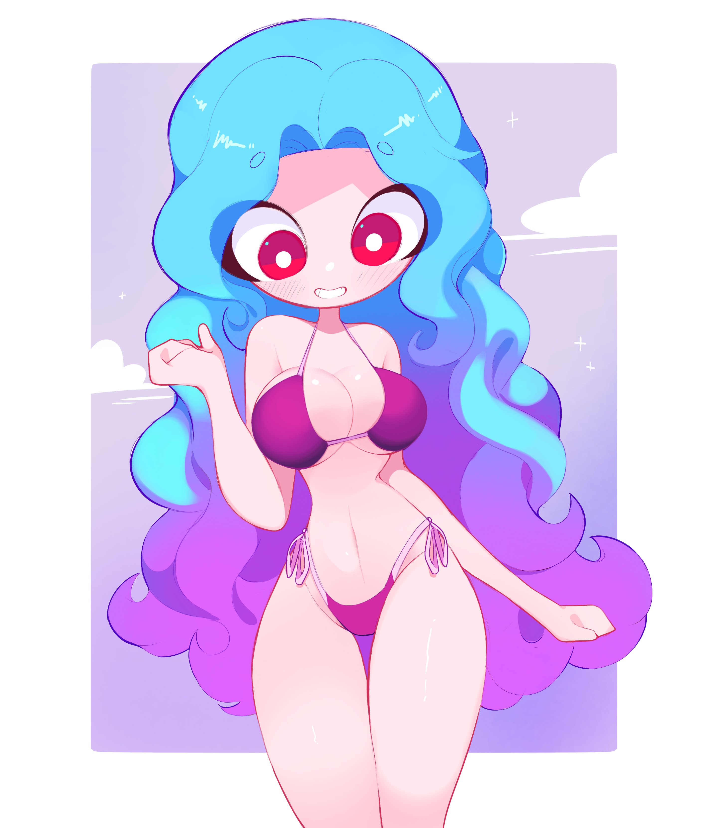 bikini, bikini bottom, bikini top, blue hair, blush, blush lines, cloud, clouds, hoxtens, long hair, looking down, purple hair, red eyes, round eyes, shiny hair, shiny skin, synari (hoxtens), 