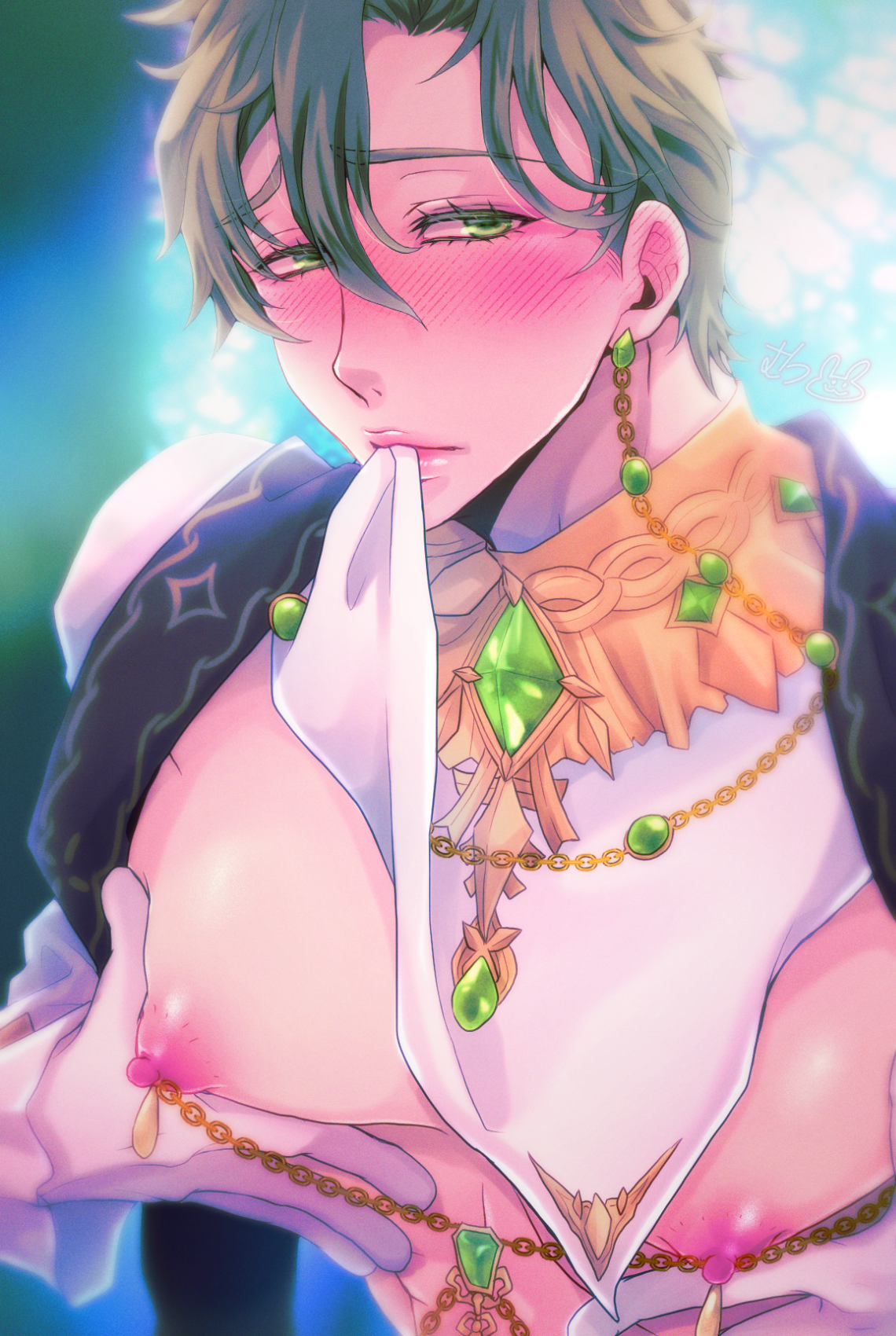 1boy, blush, femboy, green eyes, green hair, looking at viewer, nipple piercing, nipples, nu: carnival, olivine (nu: carnival), piercing, trap, 