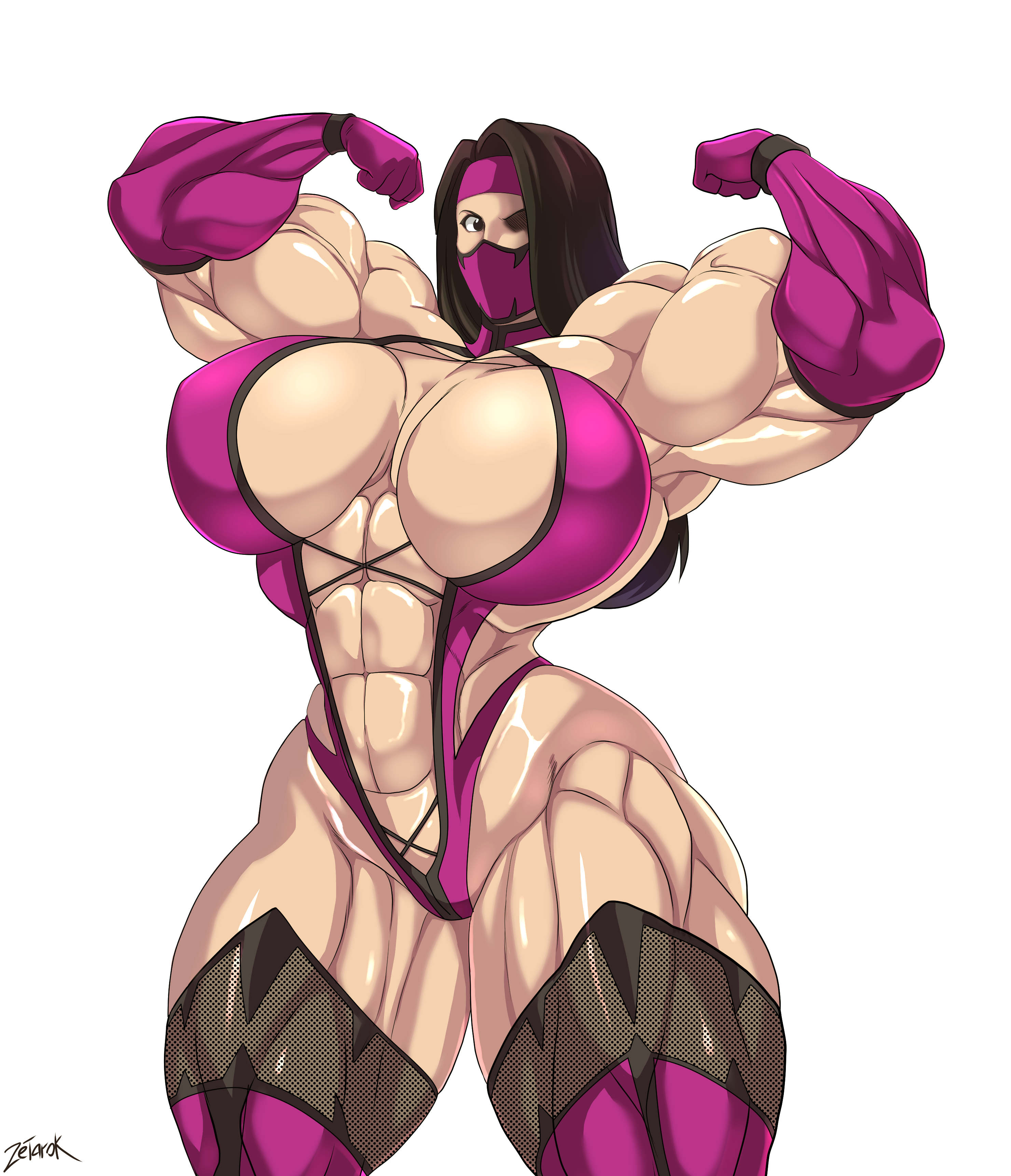 zetarok, mileena, mortal kombat, pose, abs, biceps, big muscles, black hair, breasts, cleavage, elbow gloves, extreme muscles, female, flexing, gloves, hair over one eye, huge breasts, kunoichi, long hair, looking at viewer, mask, muscles, muscular female, solo, thick thighs, thighs, 