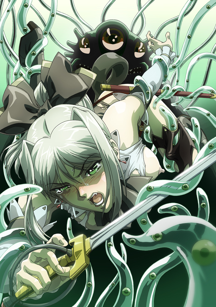 lilia eberwein, black lilith, himekishi lilia, 1girls, asano hiro, ass, black legwear, blonde hair, boots, breasts, breasts outside, brown footwear, brown ribbon, brown skirt, cravat, detached sleeves, earrings, female, green eyes, hair intakes, hair ribbon, high heel boots, high heels, high ponytail, holding, holding sword, holding weapon, imminent rape, interspecies, jewelry, knee boots, large breasts, legwear, long hair, looking away, monster, nipples, no bra, oerba yun fang, open mouth, ponytail, restrained, ribbon, sheath, shirt, skirt, suspension, sweat, sword, tears, tentacle, thighhighs, tongue, torn clothes, torn shirt, torn skirt, torn thighhighs, weapon, white shirt, 