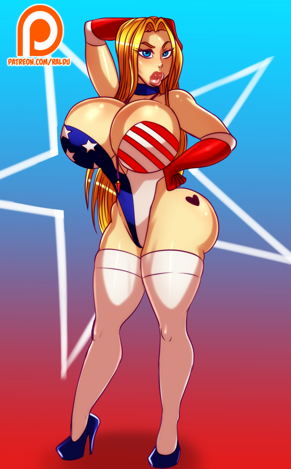 raldu, patriotika, english text, patreon, pose, simple background, url, 1girls, arms up, artist name, bare shoulders, big breasts, bimbo, blonde hair, blue eyes, busty, choker, cleavage, curvy, elbow gloves, female, female only, footwear, front view, gloves, hand on hip, hands on hip, hands on hips, heart, high heels, hourglass figure, human, legwear, long hair, one-piece swimsuit, posing, red gloves, shadow, shiny, shiny skin, solo, standing, stockings, tattoo, thick lips, thong, voluptuous, white footwear, white gloves, white legwear, white stockings, wide hips, yellow hair, 