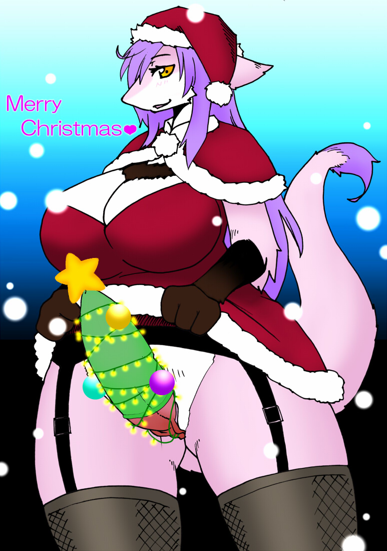 kurube, christmas, holidays, big breasts, blush, breasts, chubby, clothing, dragon, erection, fur, hair, intersex, long hair, looking at viewer, penis, pink fur, purple hair, raised tail, solo, stars, stockings, 