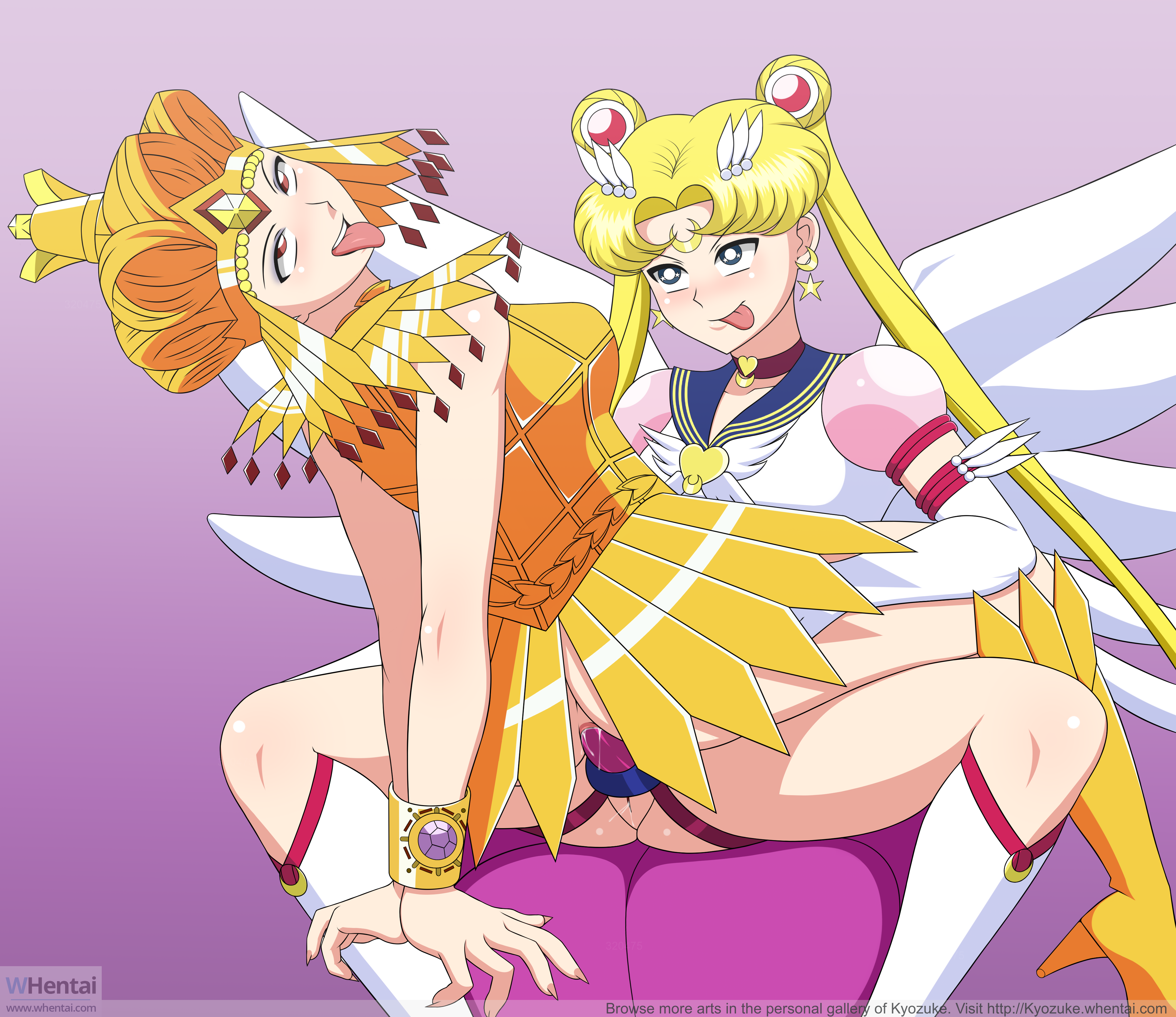 2girls ahe_gao ahegao bishoujo_senshi_sailor_moon blonde_hair female female_focus female_only female_penetrated gold_(metal) handcuffed kyozuke lesbian_sex magical_girl sailor_galaxia sailor_moon stockings strap-on strapon tongue_out usagi_tsukino yuri