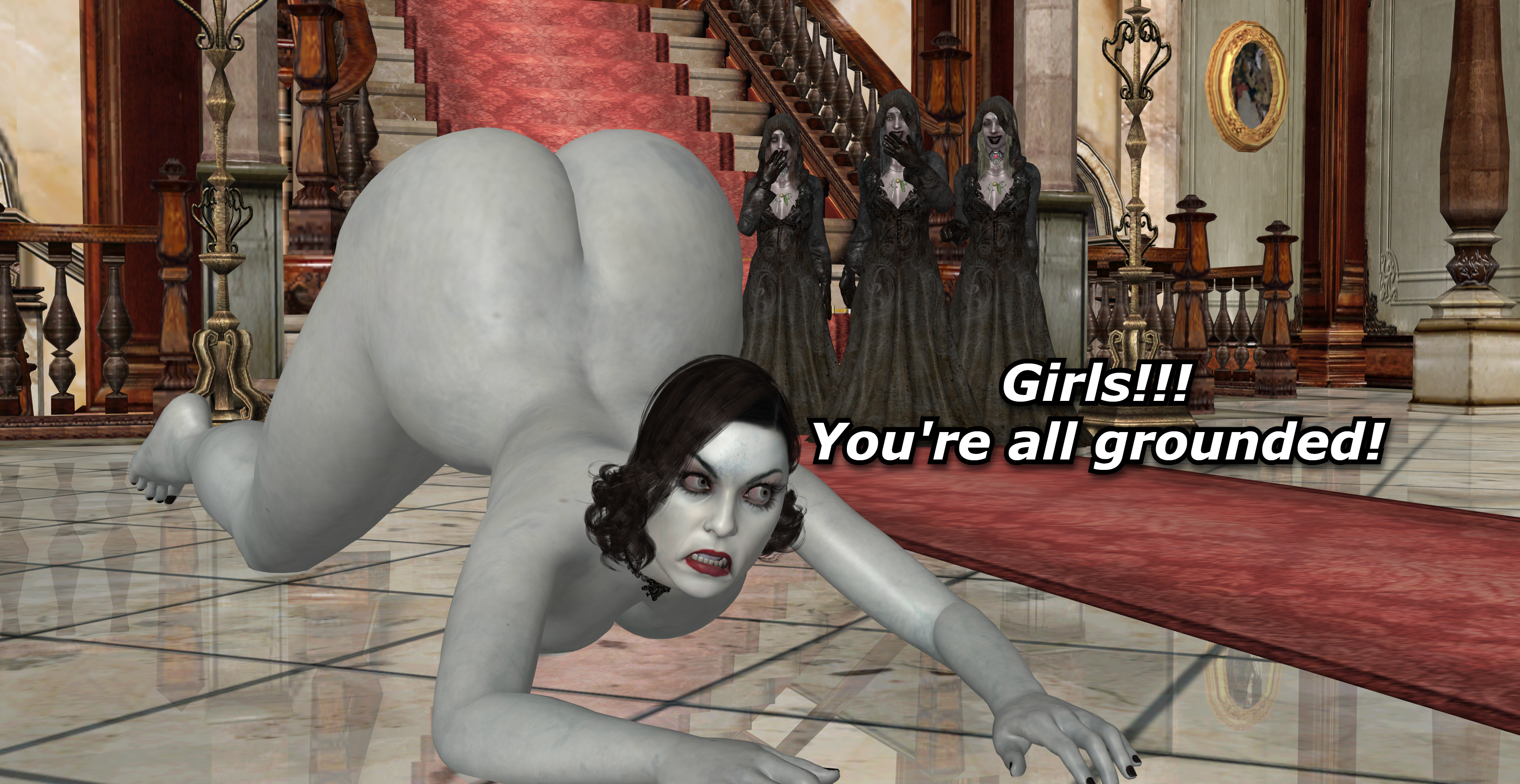 3d 4girls alcina_dimitrescu ass big_ass big_booty big_butt black_hair boobs_out booty breasts breasts_out cfnf completely_naked completely_naked_female completely_nude completely_nude_female embarrassed embarrassed_nude_female enf grey_skin humiliated humiliation milf mother naked naked_female no_visible_genitalia no_visible_nipples nude nude_female prank resident_evil text vampire vodkthulhu-3d