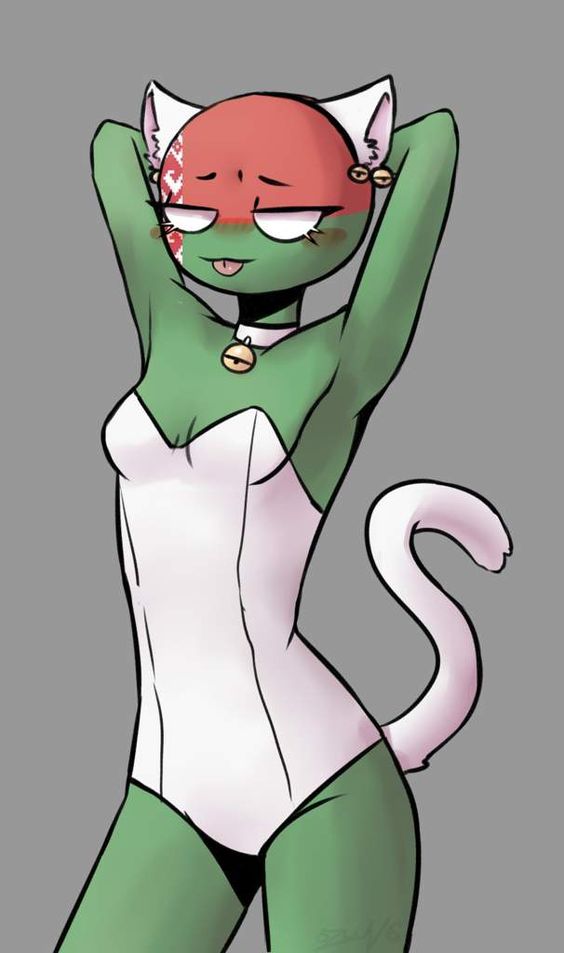 belarus (countryhumans), countryhumans, simple background, 1girls, animal ears, animal tail, blush, cat ears, cat tail, countryhumans girl, female, female only, gray background, green body, green skin, no pupils, small breasts, white eyes, 