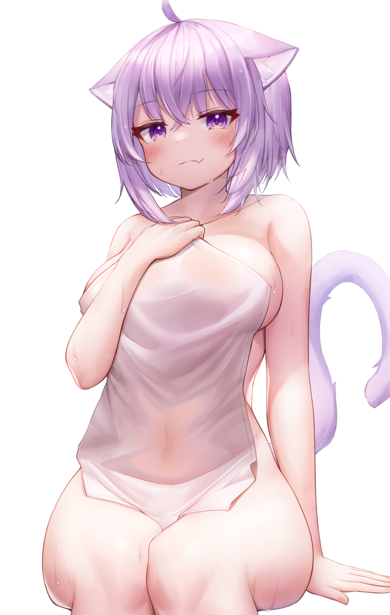 nekomata okayu, hololive, virtual youtuber, commentary request, highres, simple background, white background, ahoge, animal ears, bangs, blush, breasts, cat ears, cat tail, closed mouth, collarbone, covered navel, covering, deaver, female, large breasts, looking at viewer, nude, nude cover, oerba yun fang, purple eyes, purple hair, see-through, short hair, skin fang, solo, tail, towel, wet, wet towel, 