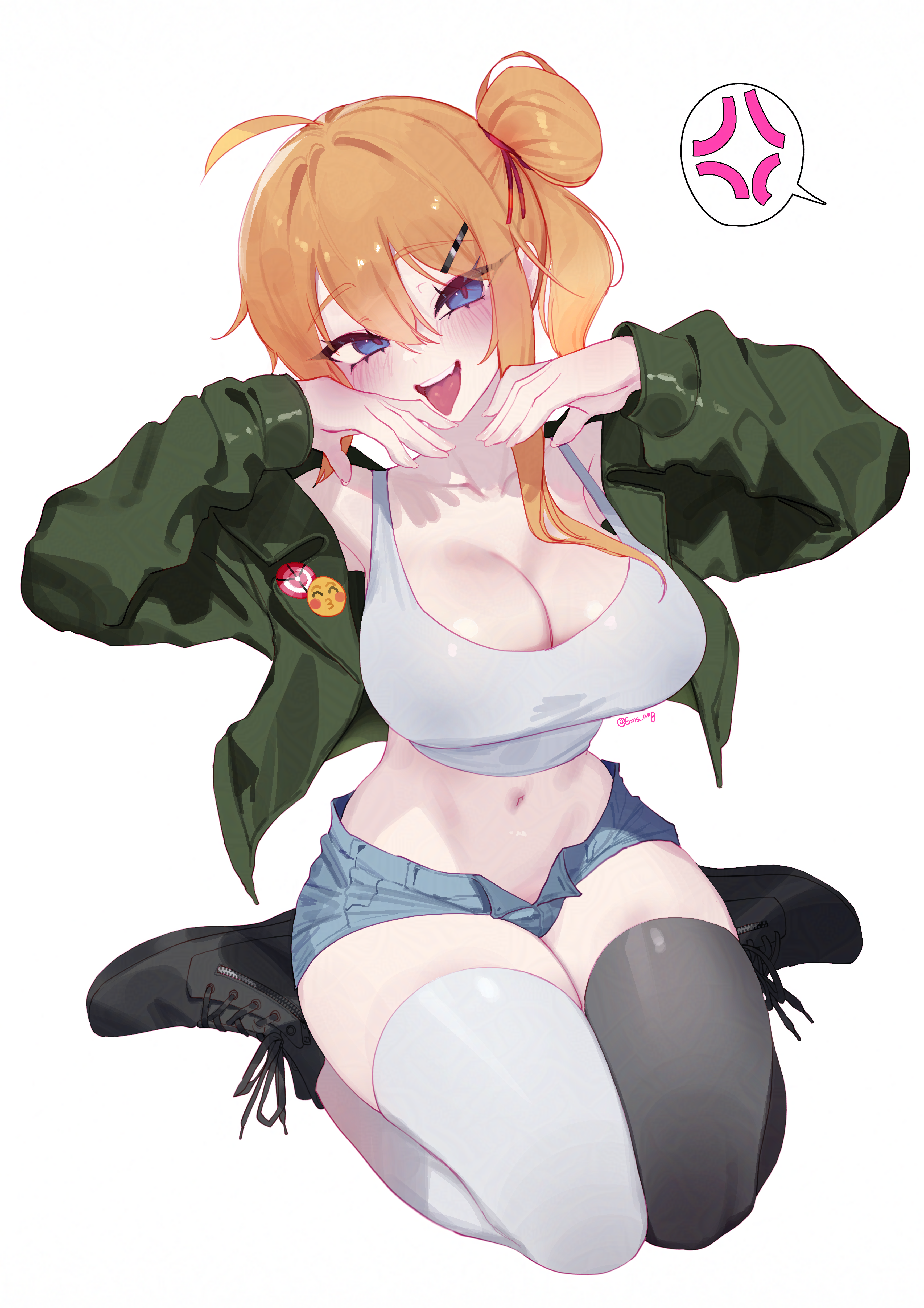 eonsang, alternate version available, ahoge, blue eyes, cropped shirt, green jacket, jacket, orange hair, shoes, shorts, side ponytail, thighhighs, tongue out, 