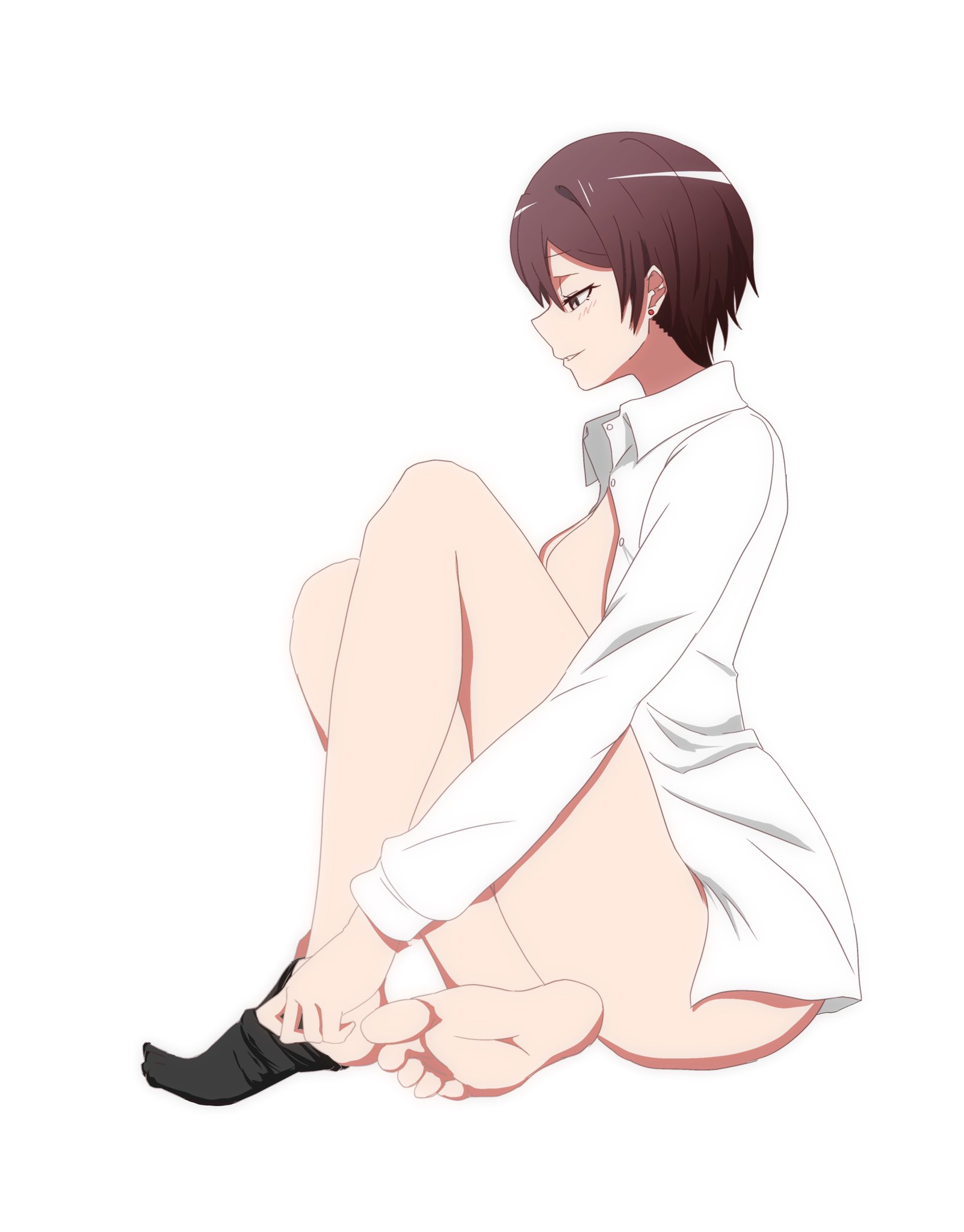 sagami minami, yahari ore no seishun lovecome wa machigatteiru., simple background, white background, 1girls, barefoot, big breasts, blush, blushing, brown eyes, brown hair, button down shirt, earrings, foot fetish, foot focus, footwear, looking down, nipples covered, no bra, no panties, no pants, removing clothing, removing sock, shirt open, short hair, sitting, smug, smug face, taking off socks, ze r0 ze r0, 