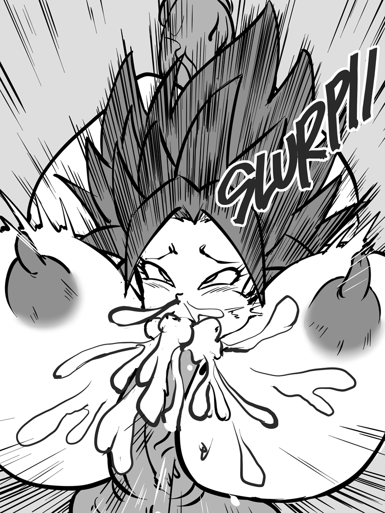 rickert kai, caulifla, son goku, dragon ball, dragon ball super, dragon ball z, 1boy, 1girls, big balls, big breasts, big penis, breasts, cum, cum in mouth, cum on breasts, huge breasts, 
