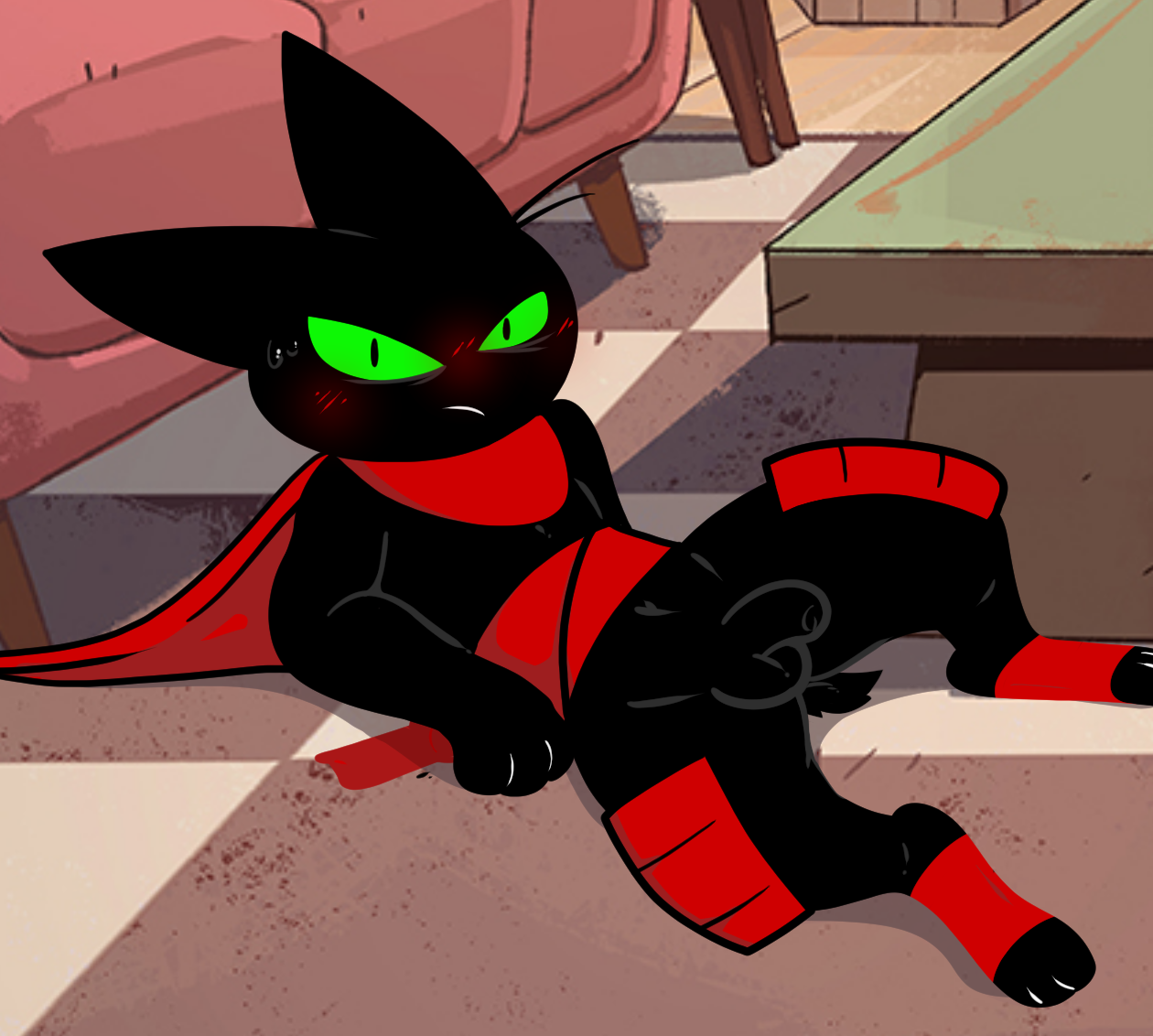 sheriff mao mao mao, cartoon network, mao mao: heroes of pure heart, balls, blush, dildo, domestic cat, felid, feline, felis, genitals, lying, male, mammal, on ground, on side, penis, sex toy, solo, yosshidoragon, 