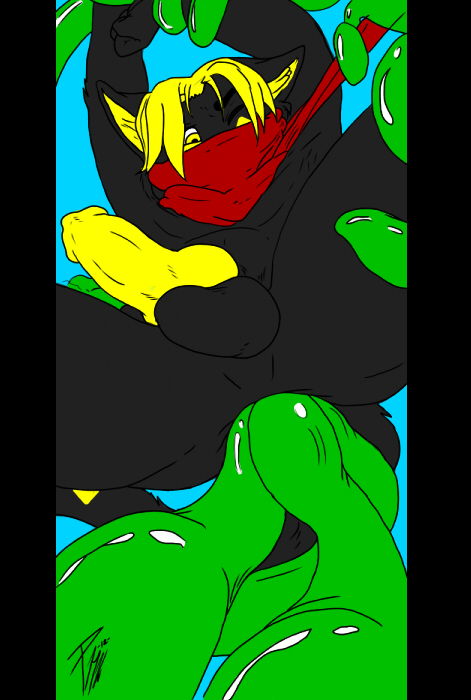 glowfox, 2015, simple background, anal, anal sex, anthro, anus, ass, balls, black fur, bondage, bound, canine, clothing, duo, egg, egg implantation, erection, fur, hair, knot, looking at viewer, male, mammal, nude, oviposition, ovipositor, penetration, penis, sex, softdiamond, suspension, tentacle, wolf, 