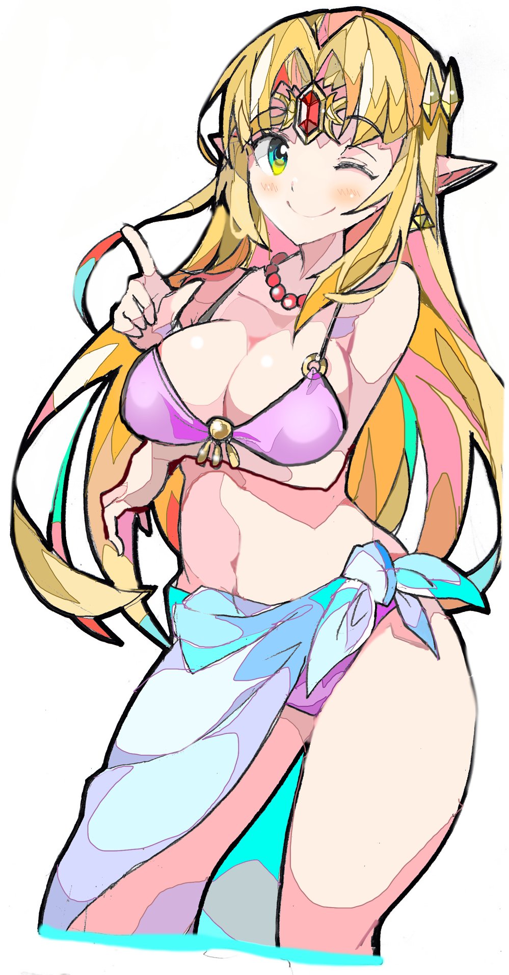 enpe, princess zelda, the legend of zelda, the legend of zelda: a link between worlds, 1girls, arm support, bathing suit, bead necklace, blonde hair, blush, earring, earrings, elf ears, female, head jewelry, headband, jewel, jewelry, long hair, pink clothing, pointed ears, pointing, pointy ears, swimsuit, video games, wink, winking, winking at viewer, zelda (a link between worlds), 