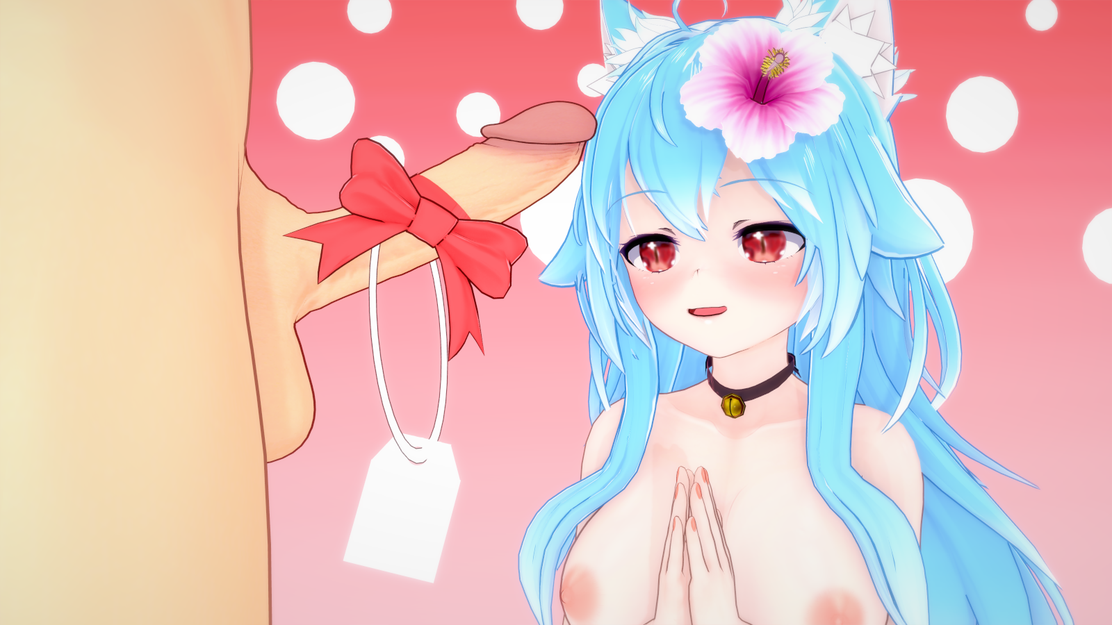 3d 3d_model akiren bell_collar blue_hair boobs breast_out breasts cat_ears cat_girl cat_tail catgirl female flower flower_in_hair gift_wrapped hair_ornament hourglass_figure kemonomimi koikatsu lilly_kurusu long_hair male neko nekomimi nude nude_female nudity original original_character penis red_eyes