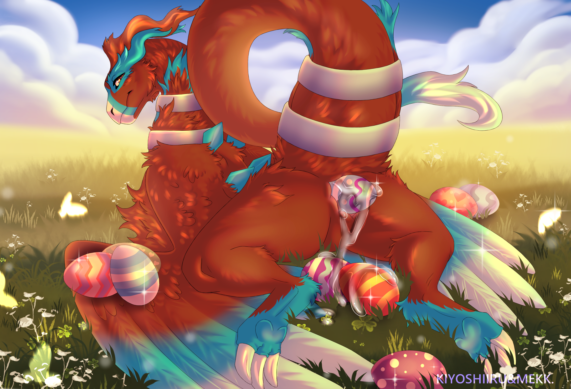 ambiguous_gender bodily_fluids claws cloud cum easter easter_egg egg egg_laying fan_character feathered_wings feathers feet feral fusion genital_fluids grass hi_res holidays hybrid hybrid_pokemon kiyoshiiru legendary_pokemon lugia mekk nintendo outside paws plant pokemon pokemon_(species) pokemon_fusion pokémon_(species) raised_tail reshiram solo tail talons toes wings