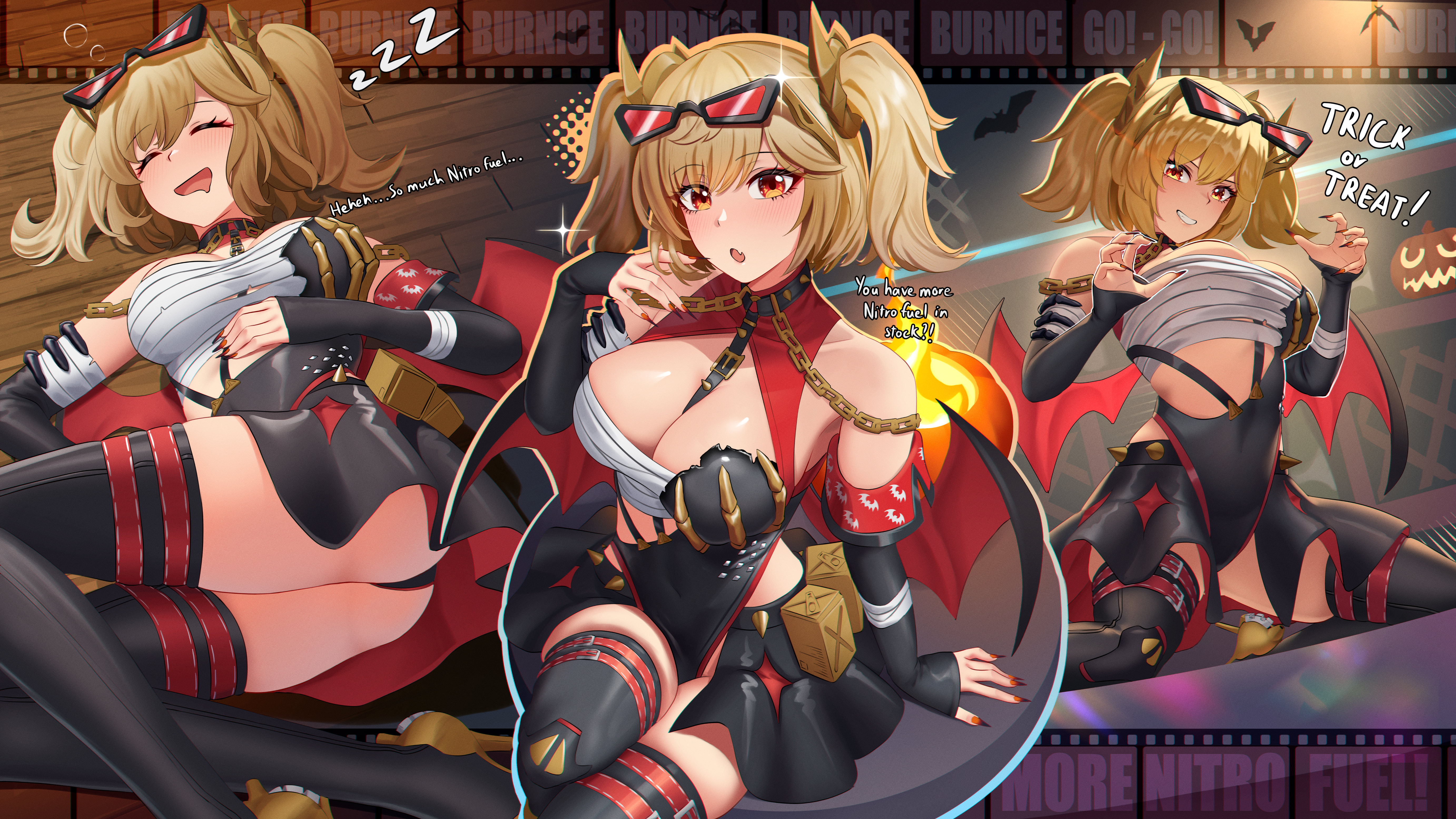 1girls absurdres alternate_costume black_skirt blonde_hair boots breasts brown_eyes burnice_white chest_sarashi commentary cruzvu english_commentary eyewear_on_head female halloween highres jack-o'-lantern large_breasts multiple_views open_mouth sarashi skirt sunglasses thigh_boots two_side_up zenless_zone_zero