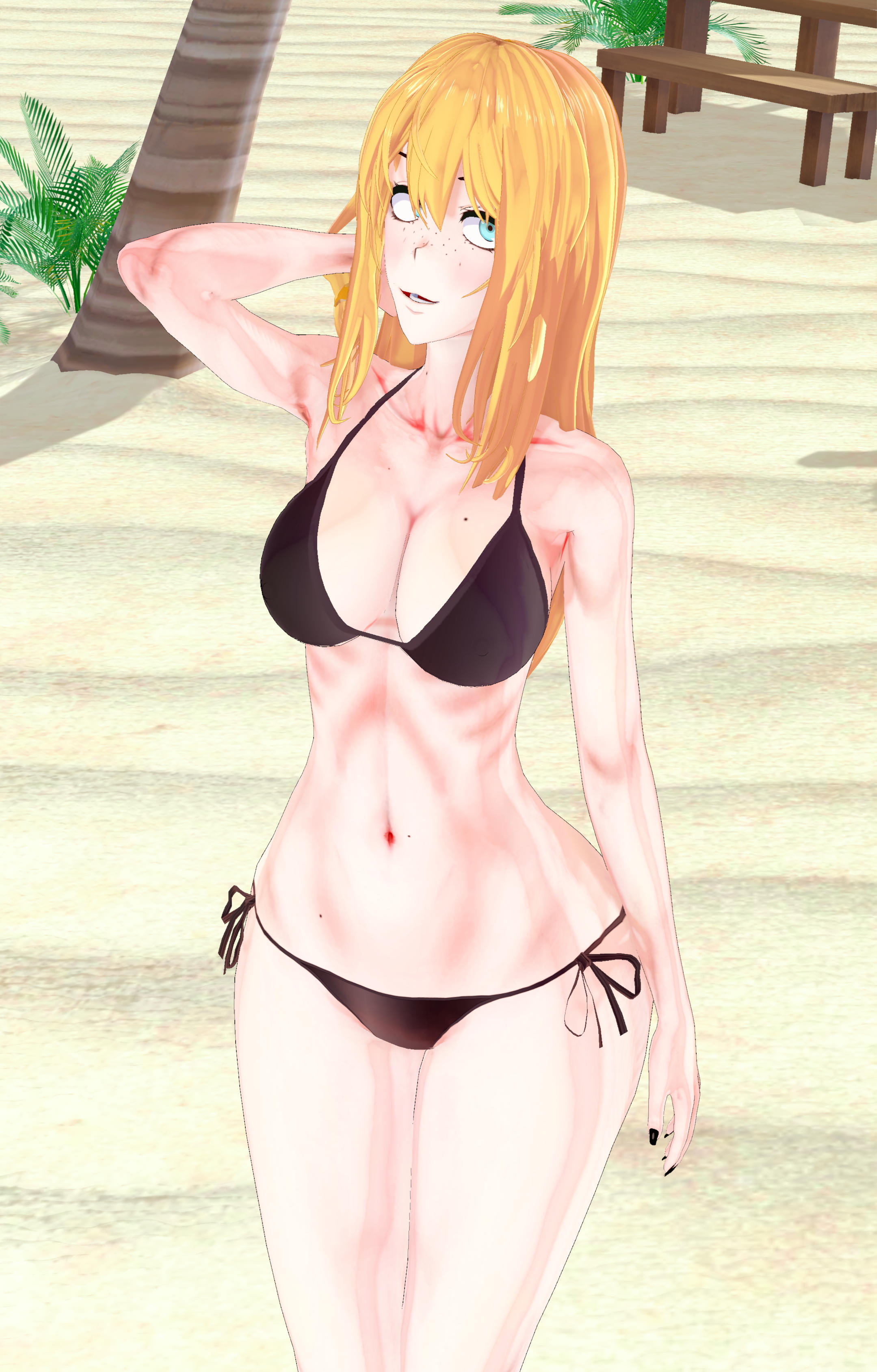original character, koikatsu, belly, big breasts, black nail polish, black nails, blonde female, blonde hair, blue eyes, caucasian, european, female, freckles, happy, light-skinned female, light skin, nail polish, painted nails, pale-skinned female, pawg, smile, smiling, swimsuit, tight clothing, toenail polish, white girl, white skin, 
