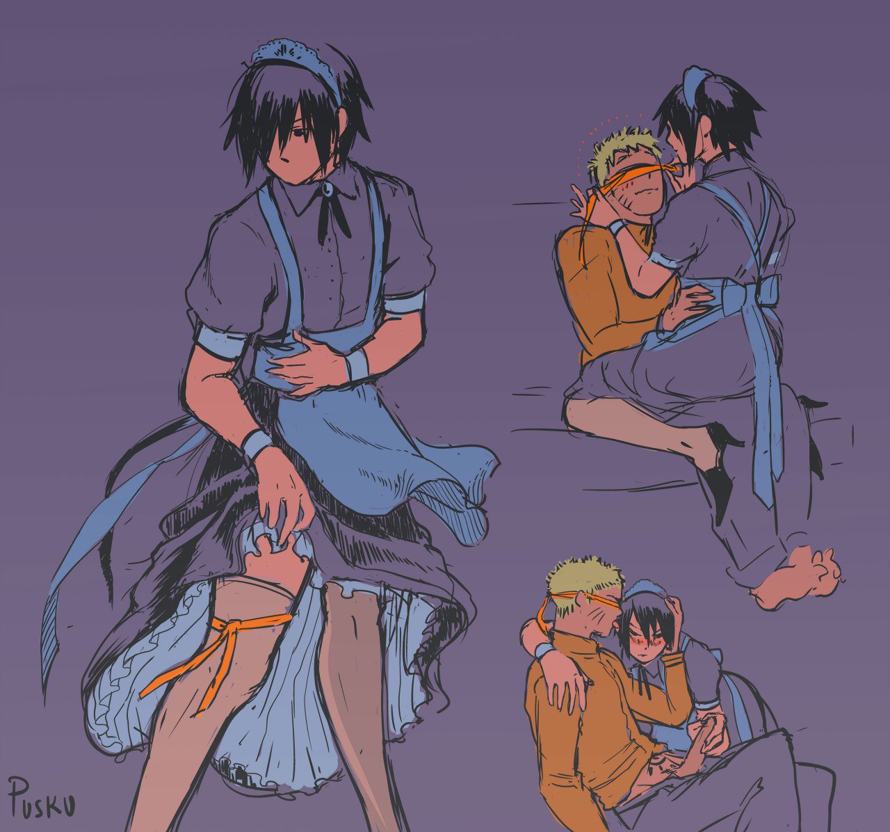 puskupipi, sasuke uchiha, uchiha sasuke, uzumaki naruto, boruto: naruto next generations, naruto, naruto (series), 2018, 2boys, apron, barefoot, big penis, black eyes, black hair, blonde hair, blush, bracelet, clothing, cowgirl position, erection, feet, femboy, footwear, fully clothed, gay, hair over one eye, hand on head, handjob, heels, high heels, holding penis, maid, maid apron, maid headdress, maid uniform, male, male only, masturbation, mature, mature male, muscles, muscular, muscular male, older male, penis, sissification, sissy, sitting, sitting on lap, sitting on person, stockings, thighhighs, toes, tongue, tongue out, yaoi, yellow hair, 
