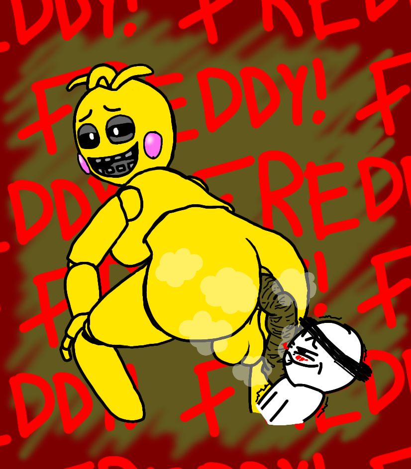 toy chica (fnaf), tagme, 1futa, anus, balls, beakless, black sclera, futanari, looking up, male, pink cheeks, presenting, presenting hindquarters, scat, shit, shitting, steam, steaming body, 