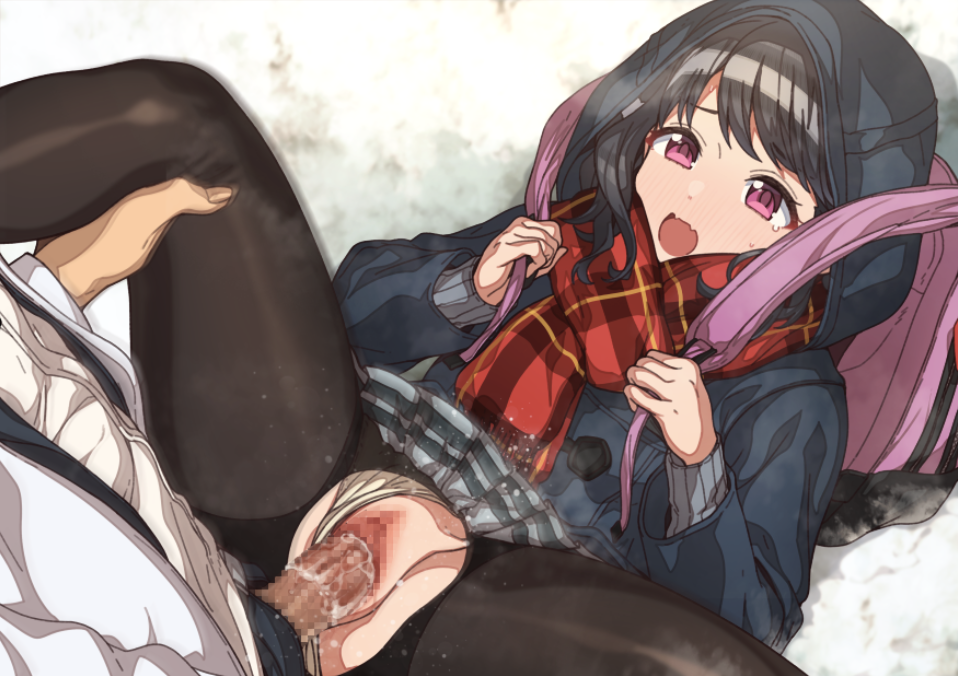 erere, idolmaster, idolmaster shiny colors, 1boy, backpack, bag, black hair, black legwear, erection, female, fukumaru koito, hood, hood up, hooded coat, leg grab, long sleeves, looking at viewer, lying, missionary, oerba yun fang, on floor, pantyhose, penis, pov, purple eyes, pussy, scarf, sex, shoes, skin fang, snow, solo focus, spread legs, sweater, torn clothes, torn legwear, vaginal penetration, 