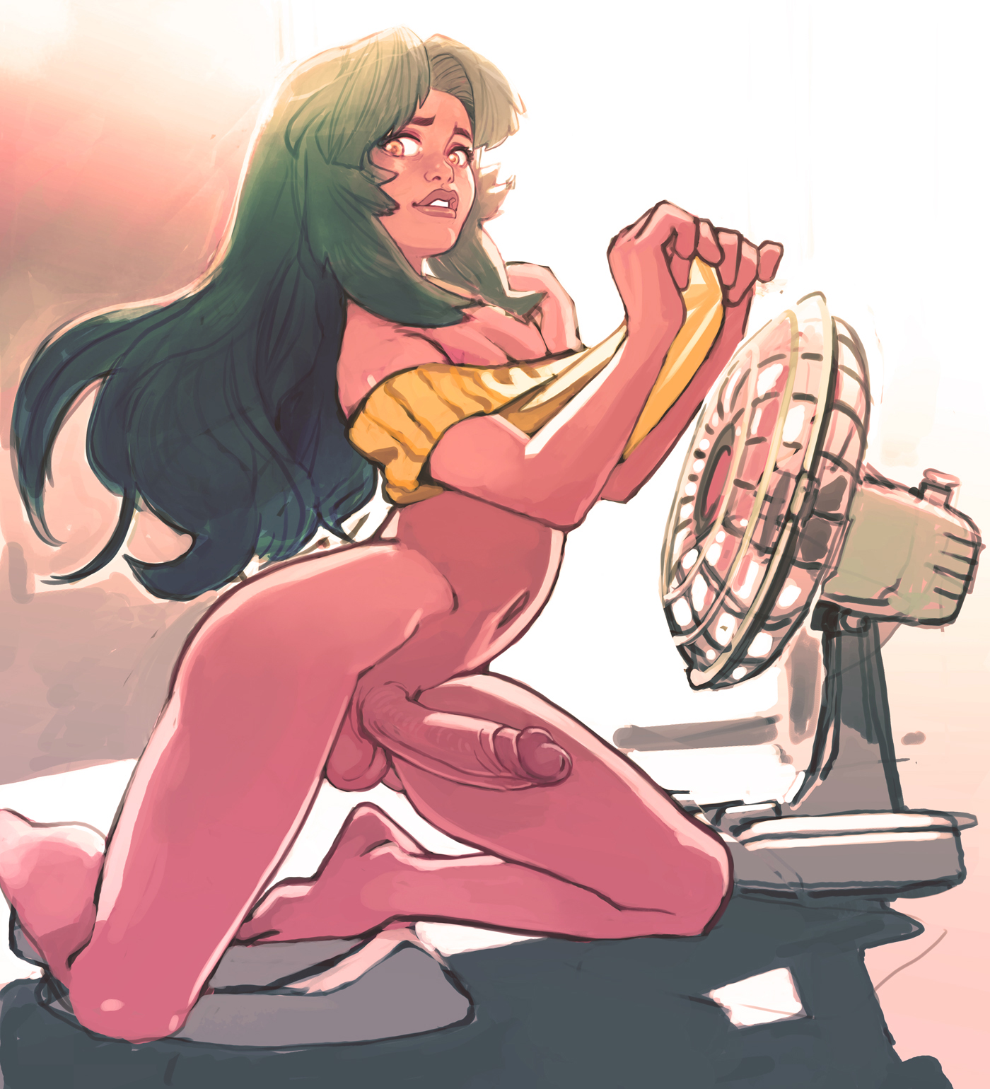 jjfrenchie, kitavi, original, decensored, third-party edit, 1boy, ass, backlighting, balls, bare shoulders, barefoot, bottomless, crop top, dark-skinned male, dark skin, electric fan, erection, femboy, girly, green hair, kneeling, long hair, looking at viewer, male, male only, navel, penis, solo, testicles, toes, trap, uncensored, 