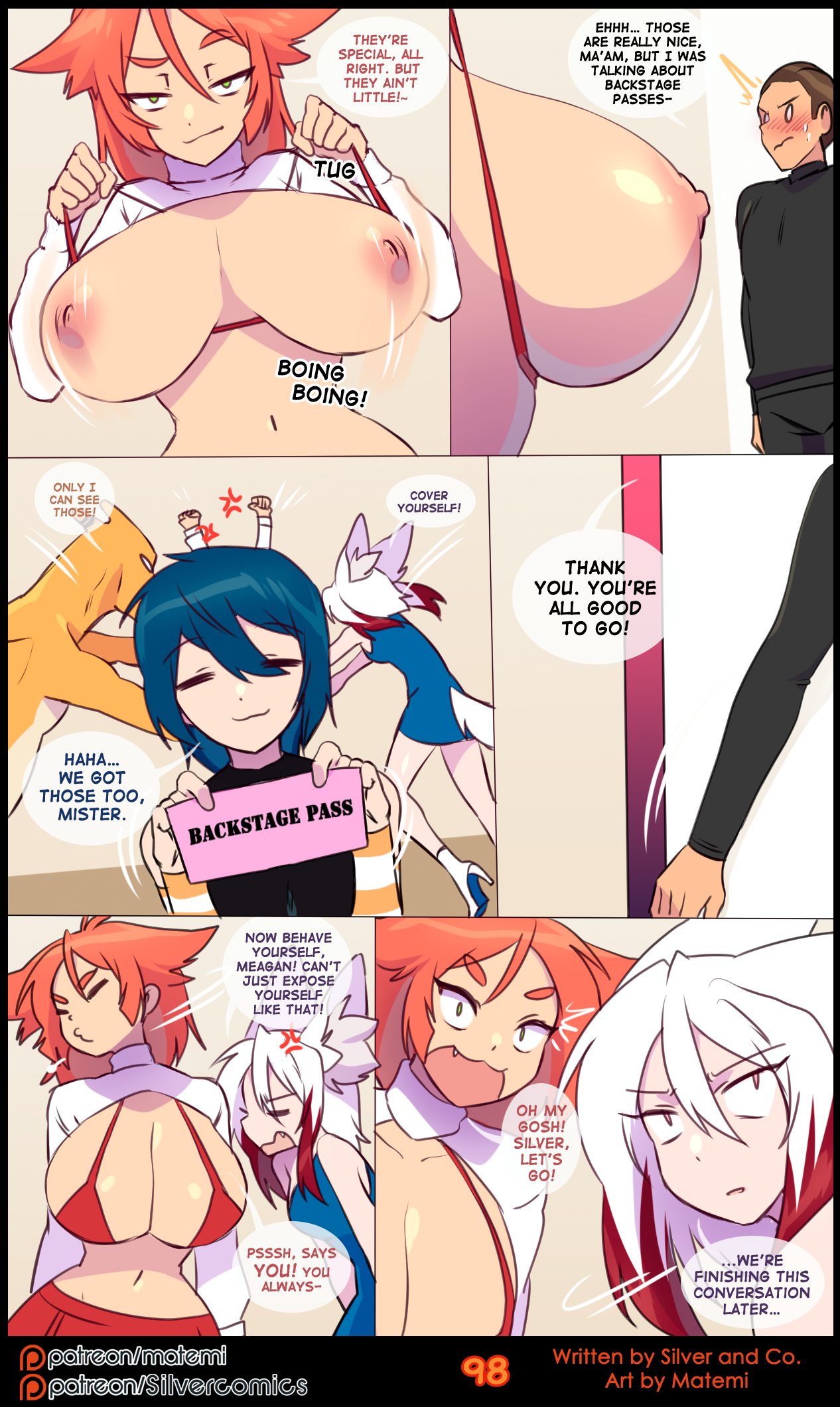 matemi, azzilan, charizard, silver soul, nintendo, comic, english text, hi res, text, 2021, animal humanoid, armwear, big breasts, blue hair, blush, bodily fluids, bottomwear, bra, breasts, brown hair, cat humanoid, claws, closed eyes, clothed, clothing, crop top, cross-popping vein, door, dress, elbow gloves, fangs, felid, felid humanoid, feline, feline humanoid, female, fingerless gloves, fluffy, fur, girly, gloves, hair, handwear, high heels, horn, huge breasts, human, humanoid, male, mammal, mammal humanoid, meagan, motion lines, multicolored hair, navel, nightclub, nipples, open mouth, orange hair, overweight, pattern clothing, pattern gloves, pattern handwear, pink eyes, pokemon, red hair, semi-anthro, sergen, shirt, sibling, skirt, striped clothing, striped gloves, striped handwear, stripes, sweat, ticket, topwear, turtleneck, two tone hair, underwear, undressing, video games, white body, white fur, white hair, 