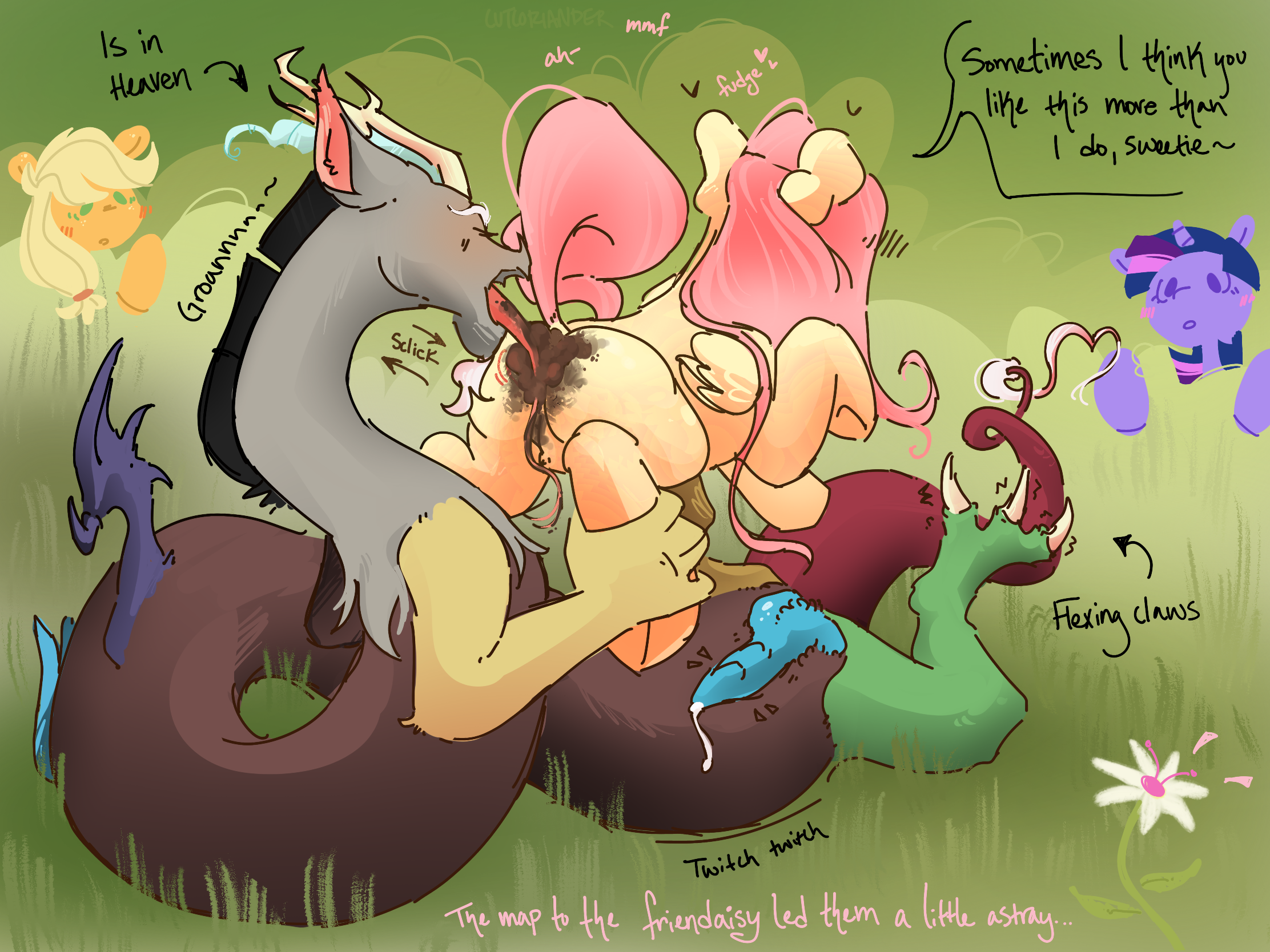 discord (mlp), fluttershy (mlp), friendship is magic, my little pony, hi res, anal, cutcoriander, duo, eating feces, equid, equine, feces, female, feral, horse, male, male/female, mammal, nature, pony, public, scat, 