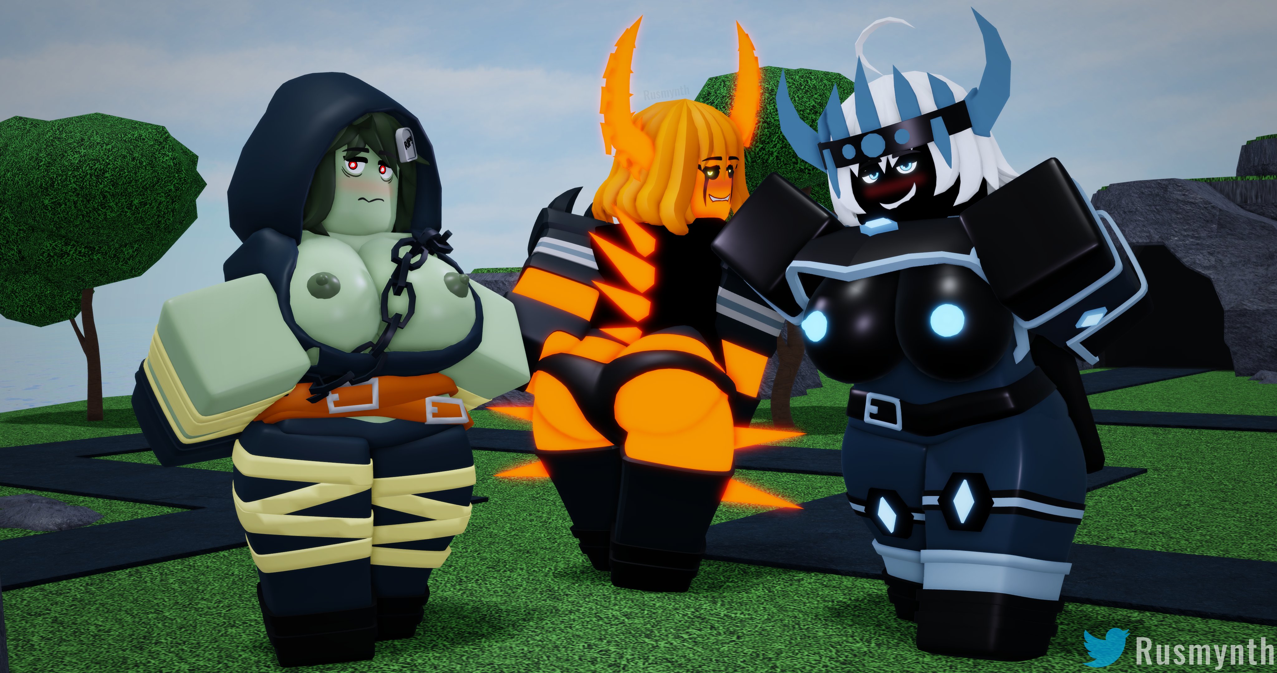 roblox, 3d, rule 63, tagme, 3girls, ass, big breasts, breasts, demon, demon...
