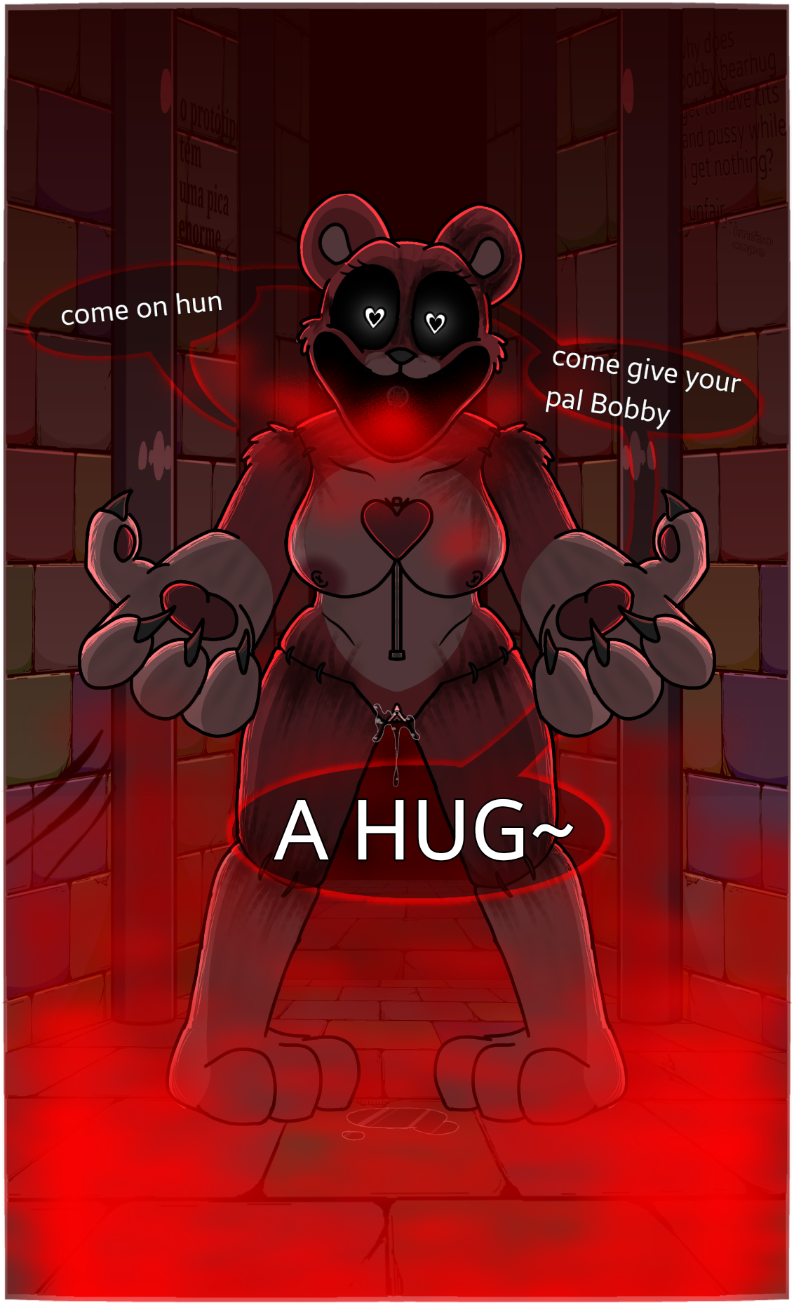 3_toes 4_fingers anthro anthro_on_anthro anthro_only arm_tuft aroused aureola bear black_sclera black_speech_bubble bobby_bearhug bodily_fluids breasts cheek_tuft claws countershade_torso countershading critters_(poppy_playtime) darli_buni dialogue digital_media_(artwork) dripping dripping_pussy eyelashes facial_tuft feet female fingers fur furry_only genital_fluids genitals gloves_(marking) glowing glowing_eyes heart_eyes heart_symbol hi_res leg_markings looking_at_viewer mammal markings multicolored_body nipples no_humans nude open_mouth pawpads paws pink_belly poppy_playtime poppy_playtime_(chapter_3) puddle pussy red_body red_fur red_skin red_smoke sex shoulder_tuft smile smiling_critters smoke socks_(marking) solo speech_bubble spread_arms stitch_(sewing) tagme talking_to_viewer text toes translucent_speech_bubble tuft vaginal_fluids white_text zipper