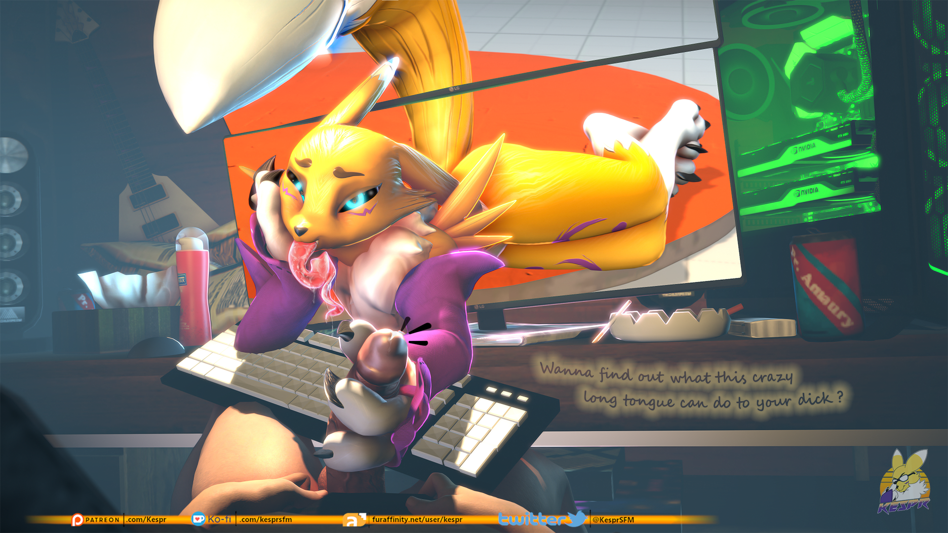 kespr, digimon (species), renamon, bandai namco, digimon, 3d (artwork), digital media (artwork), english text, hi res, text, anthro, armwear, black nose, black sclera, blue eyes, bodily fluids, breaking the fourth wall, bridal gauntlets, claws, clothing, coming out of monitor, coming out of screen, dialogue, digitigrade, dipstick ears, dipstick tail, duo, erection, facial markings, female, female on human, first person view, genitals, hand on cheek, head markings, human, human on anthro, human pov, humanoid genitalia, humanoid penis, imminent oral, inside, interspecies, keyboard, leg markings, long tongue, looking at another, looking at partner, looking at viewer, lying, male, male/female, male pov, mammal, markings, monitor, mostly nude, multicolored body, multicolored ears, neck tuft, on side, penis, pov handjob, raised tail, saliva, saliva on tongue, shoulder tuft, tail markings, thigh markings, toe claws, tongue, tongue out, tuft, two tone body, white body, yellow body, 