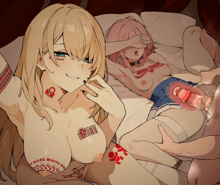 bleached, 2girls1boy, big breasts, blonde hair, blue eyes, honkai: star rail, light-skinned female, light-skinned male, march 7th (honkai: star rail), missionary position, pink hair, queen of hearts, racist, serval landau, small breasts, tattoo, x-ray, 