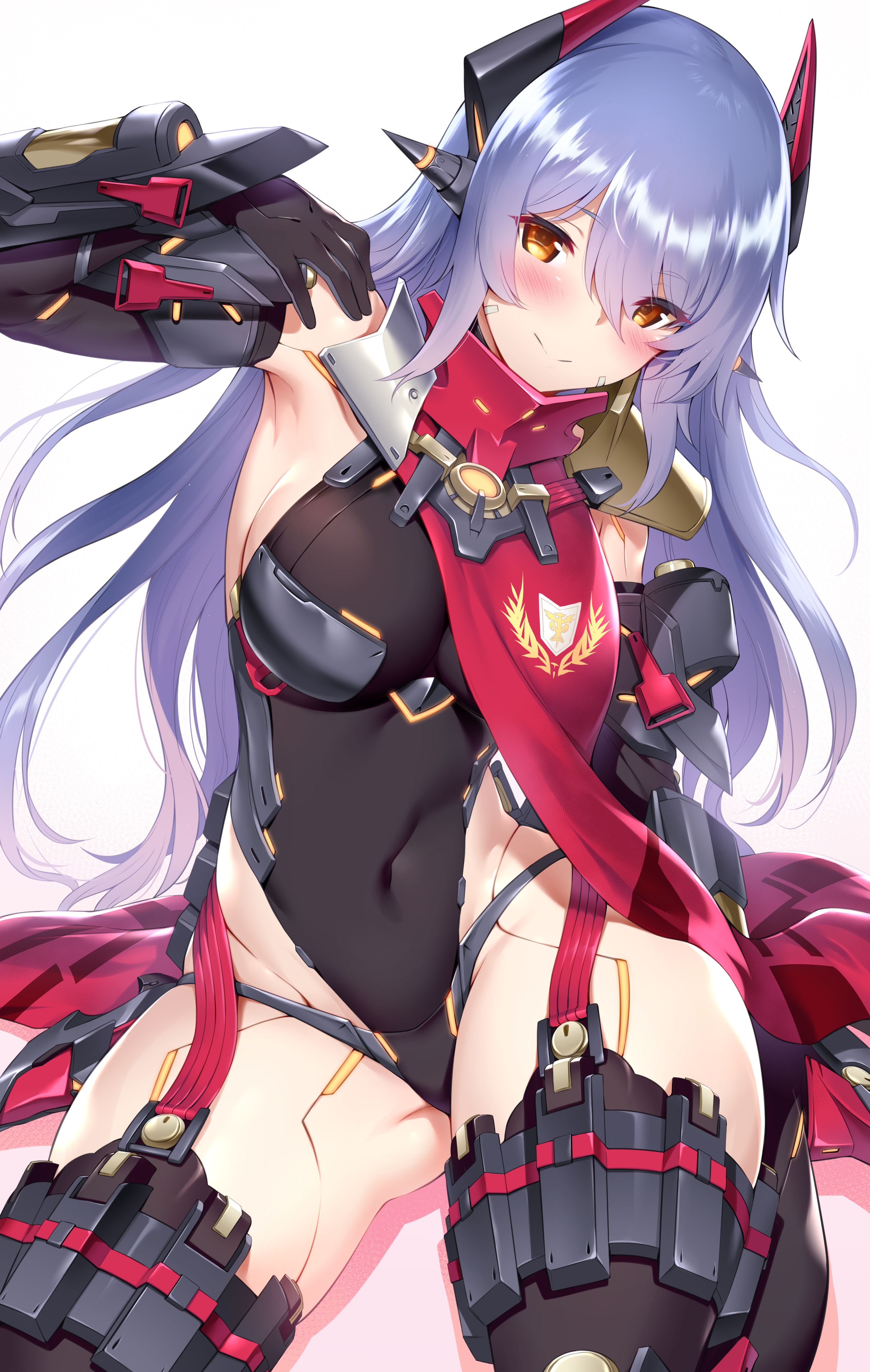 m-da s-tarou, hana (xenoblade), hana jd, poppi, poppi qtpi, nintendo, xenoblade, xenoblade (series), xenoblade 2, xenoblade chronicles, xenoblade chronicles 2, absurdres, fanbox reward, highres, paid reward, simple background, sketch, spoilers, 1girl, 1girls, android, bangs, black gloves, black legwear, blue hair, blush, breasts, covered navel, cowboy shot, elbow gloves, eyebrows visible through hair, garter straps, gloves, gluteal fold, gradient, gradient background, hair between eyes, headgear, highleg, highleg leotard, large breasts, leotard, long hair, looking at viewer, navel, robot joints, scarf, smile, solo, thighhighs, yellow eyes, 
