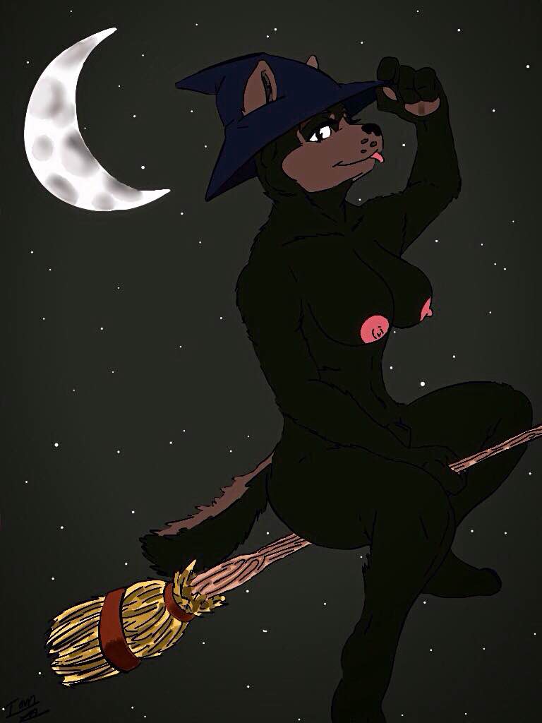 thepainfultruth, 1futa, animal genitalia, anthro, areolae, breasts, broom, canine, canine penis, curvy, erect nipples, flaccid, flying, futa only, futanari, hat, intersex, large breasts, magic user, mammal, moon, night, nipples, nude, one eye closed, penis, sheath, star, tongue, wink, witch, 