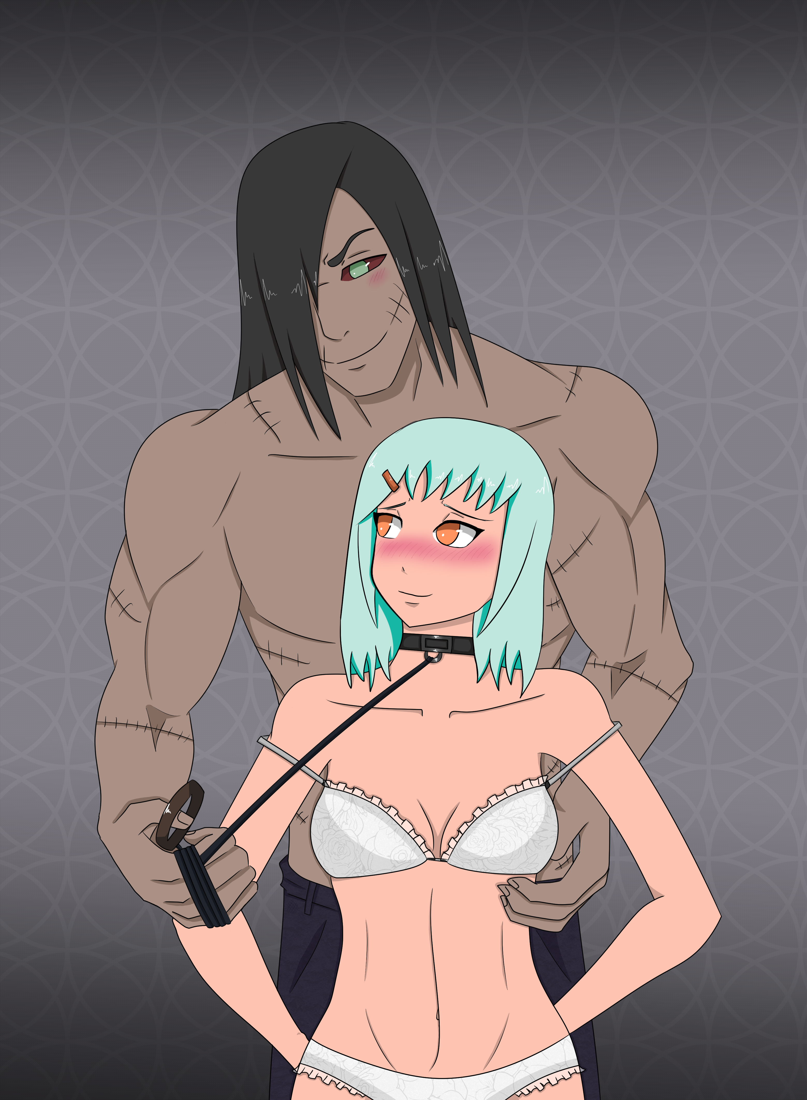 akatsuki (naruto), fuu (naruto), kakuzu, naruto, naruto (series), naruto shippuden, 1boy, blush, bondage, chains, collar, cute, daddy, daddy kink, dark-skinned female, dark-skinned male, dark hair, dominant male, female, foreplay, game, green eyes, green hair, heterosexual, jinchuriki, kakuzu x fuu, long hair, orange eyes, short hair, straight, straight hair, submissive female, underwear, 