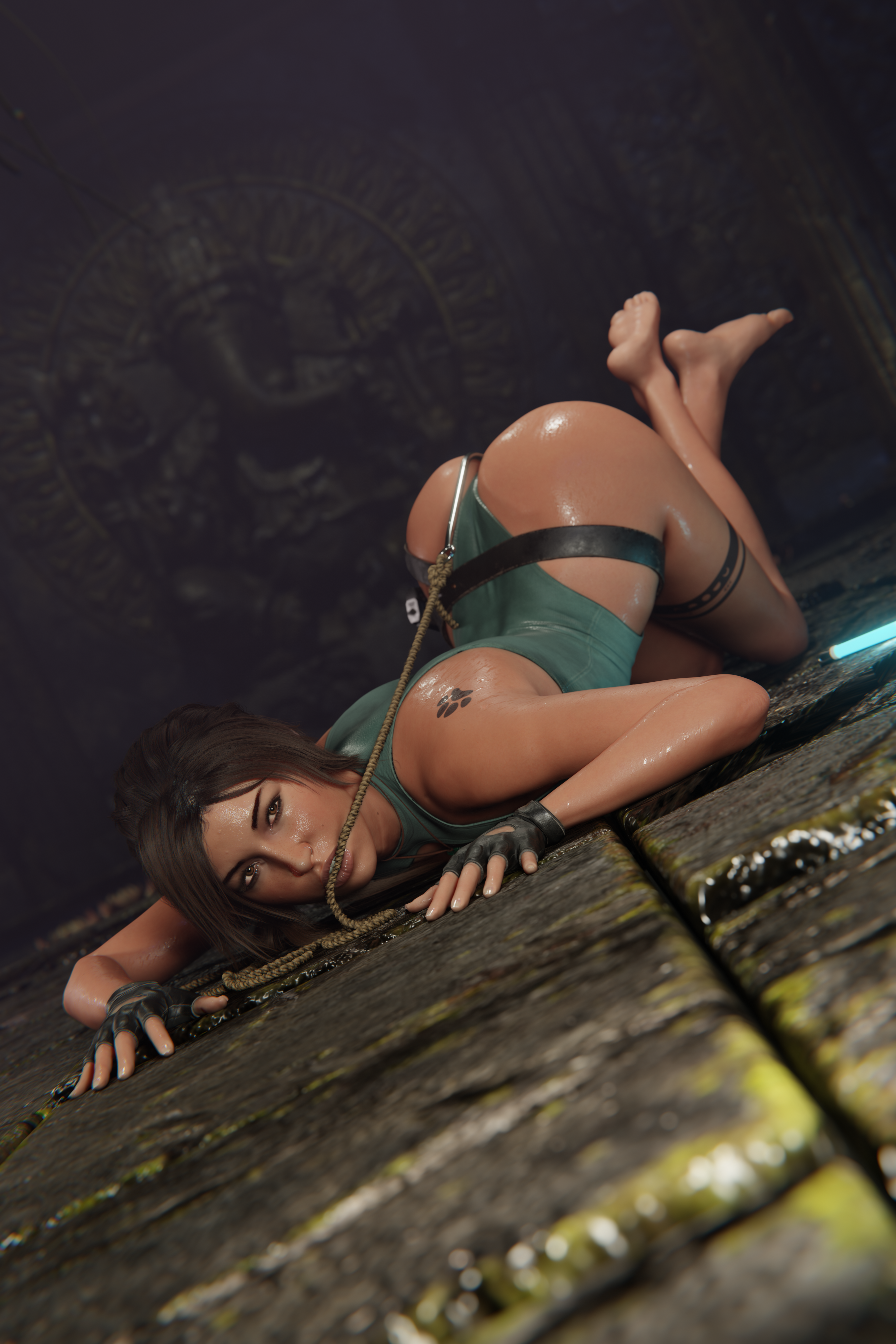 strauzek, lara croft, tomb raider, 3d, high resolution, highres, 1girls, all fours, anal, anal hook, anal insertion, anal object insertion, ass, ass up, barefoot, bodysuit, brown eyes, brown hair, clothed, clothed female, clothing, feet, female, female focus, female only, fingerless gloves, head down ass up, long hair, nose piercing, oil, oiled skin, on ground, pendant, piercing, ponytail, shiny skin, solo, solo female, solo focus, sweat, sweating, sweaty, tattoo, top-down bottom-up, wet, wet body, wet clothing, wet skin, wide hips, 