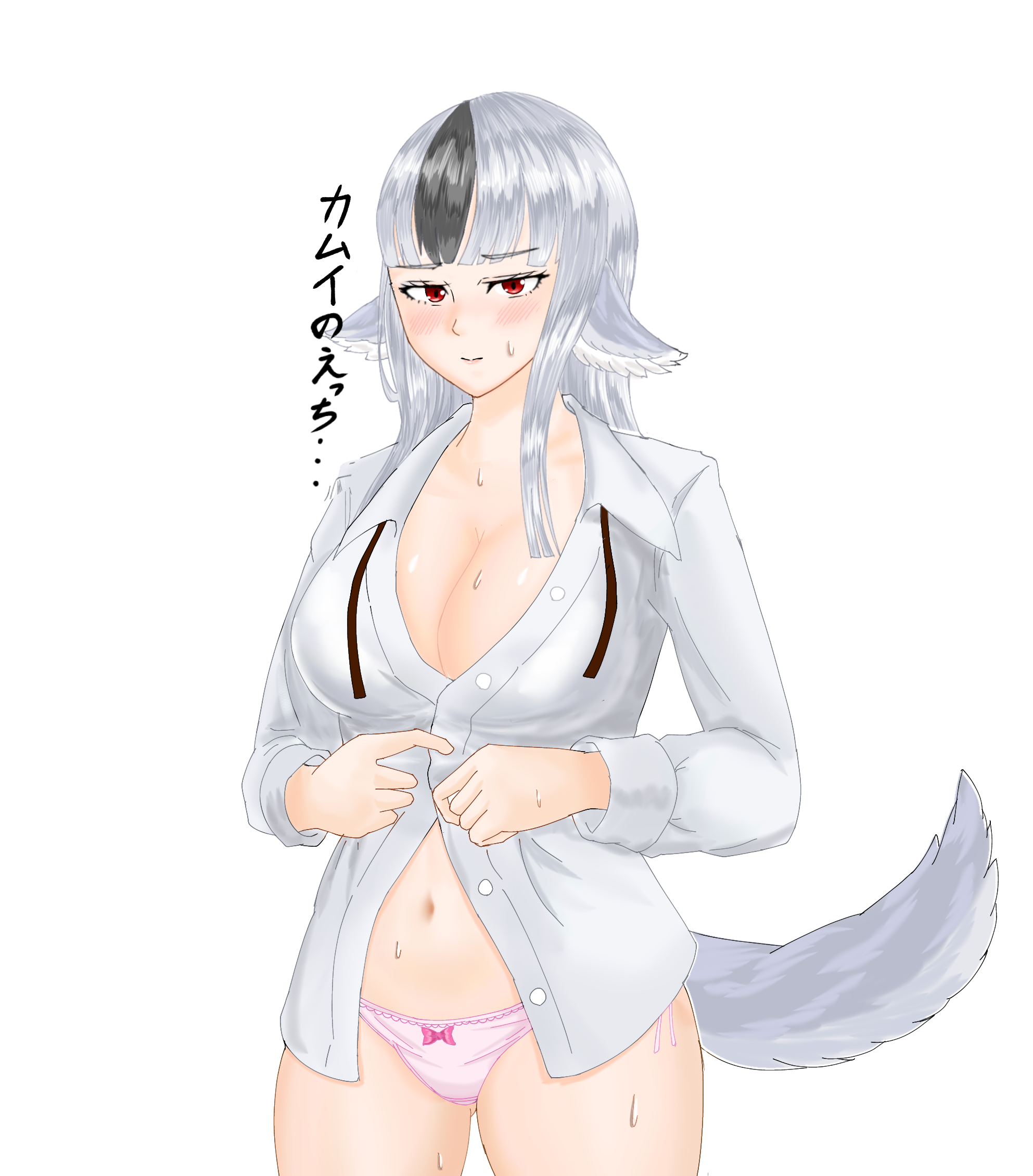 velouria (fire emblem), fire emblem, fire emblem fates, nintendo, japanese text, text, translation request, white background, 1girls, ass visible through thighs, bare thighs, breasts, cat neko cat1, changing clothes, cleavage, female, female only, frown, grey hair, large breasts, looking at viewer, panties, pink panties, pointy ears, red eyes, shirt, solo, sweat, tail, thighs, undressing, walk-in, wolf girl, 